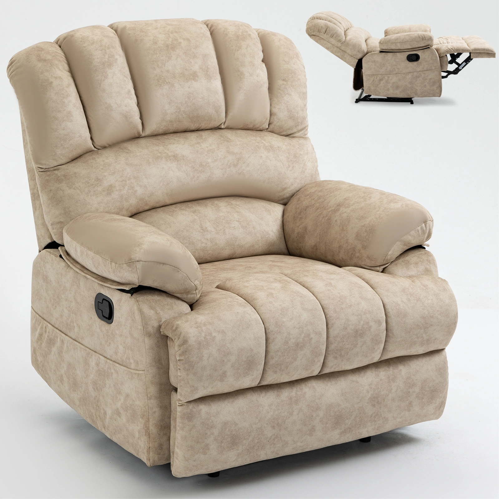Large Fabric Manual Recliner Chair for Living Room, Beige - Extra Wide Soft Upholstered Recliner view 7