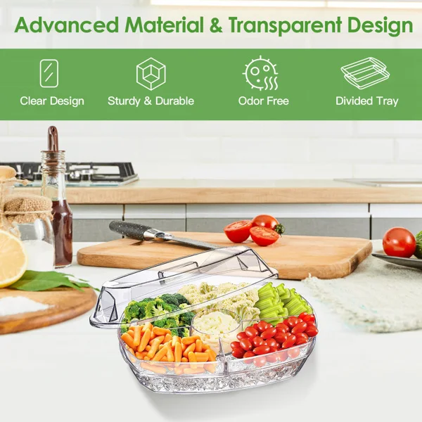 Fruit Ice Serving Tray Chilled Veggie Tray Shrimp Cocktail Serving Dish Appetizer Party Serving Platter Cold Food Buffet Server with Lid and 4 Compartments 3 Tongs 10 Sporks view 2