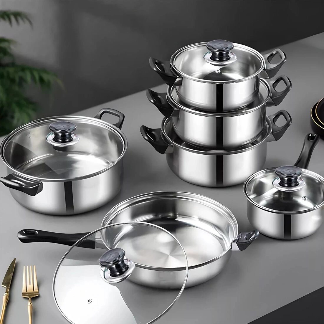 12-Piece Pot Set Stainless Steel Cookware Set - Compatible with Induction, Gas, Halogen, Ceramic Hob, Includes Lids view 2
