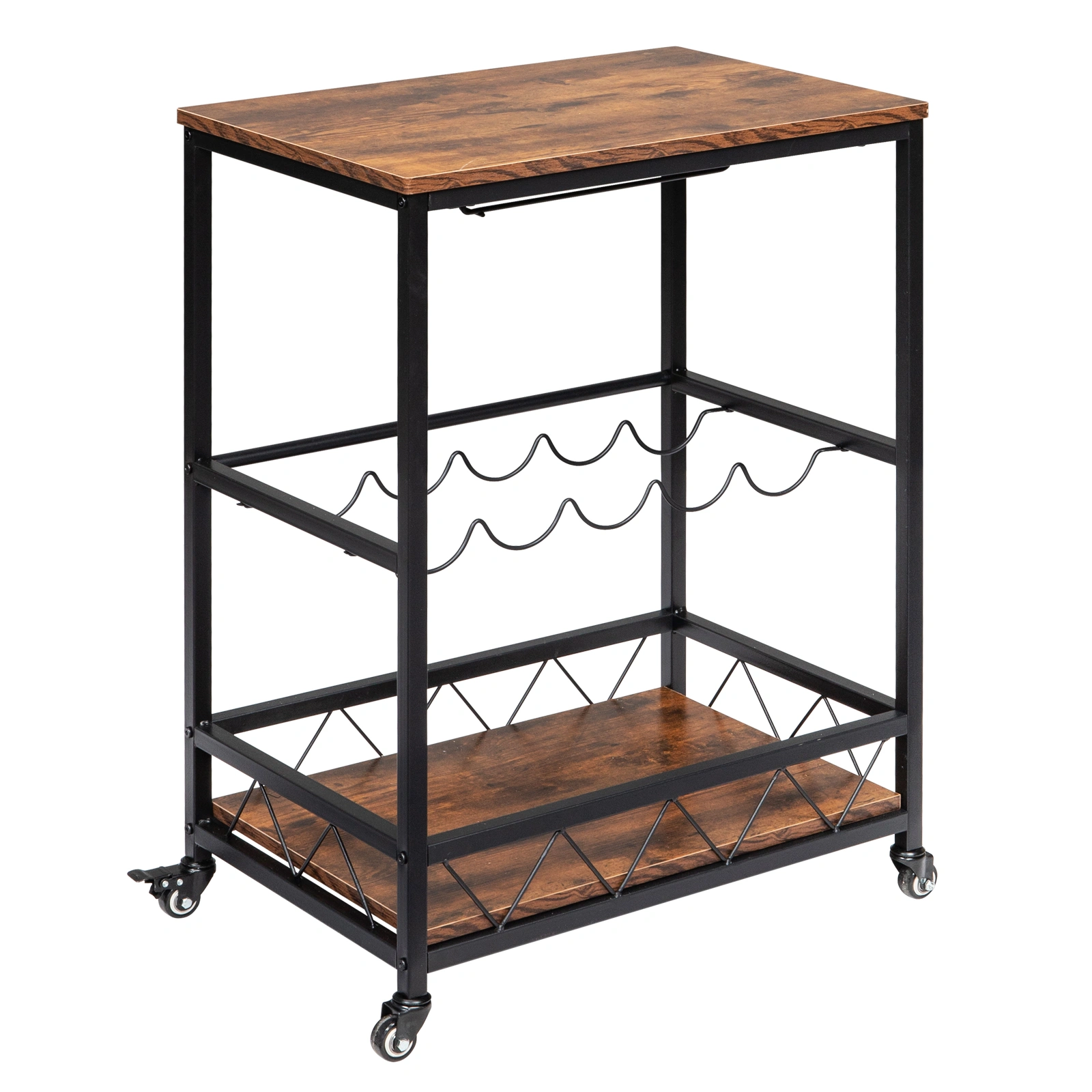 Industrial Vintage Bar Serving Cart Mobile Kitchen Trolley, Wood Metal 3-Tier Serving Cart for Home Restaurant Use