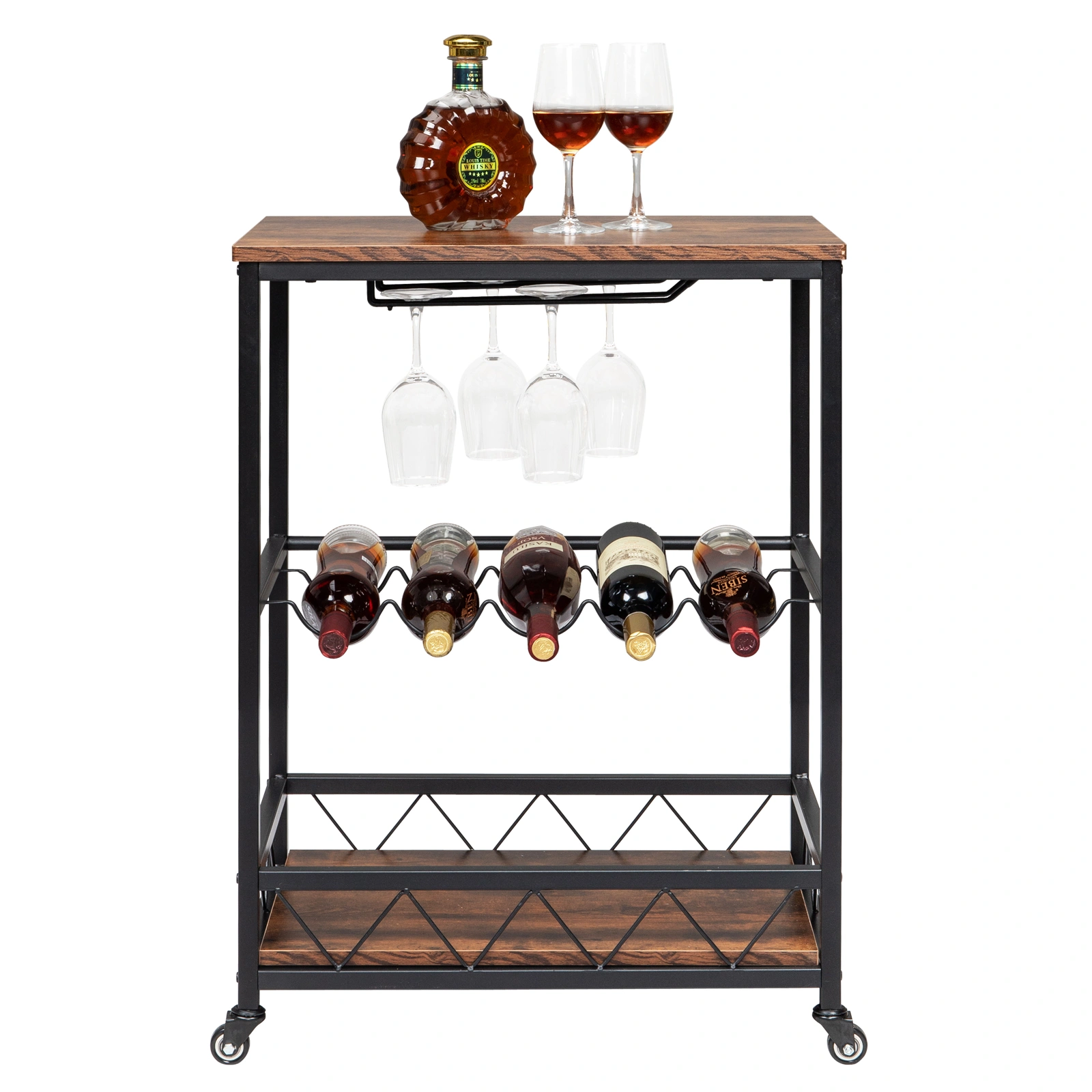 Industrial Vintage Bar Serving Cart Mobile Kitchen Trolley, Wood Metal 3-Tier Serving Cart for Home Restaurant Use view 3
