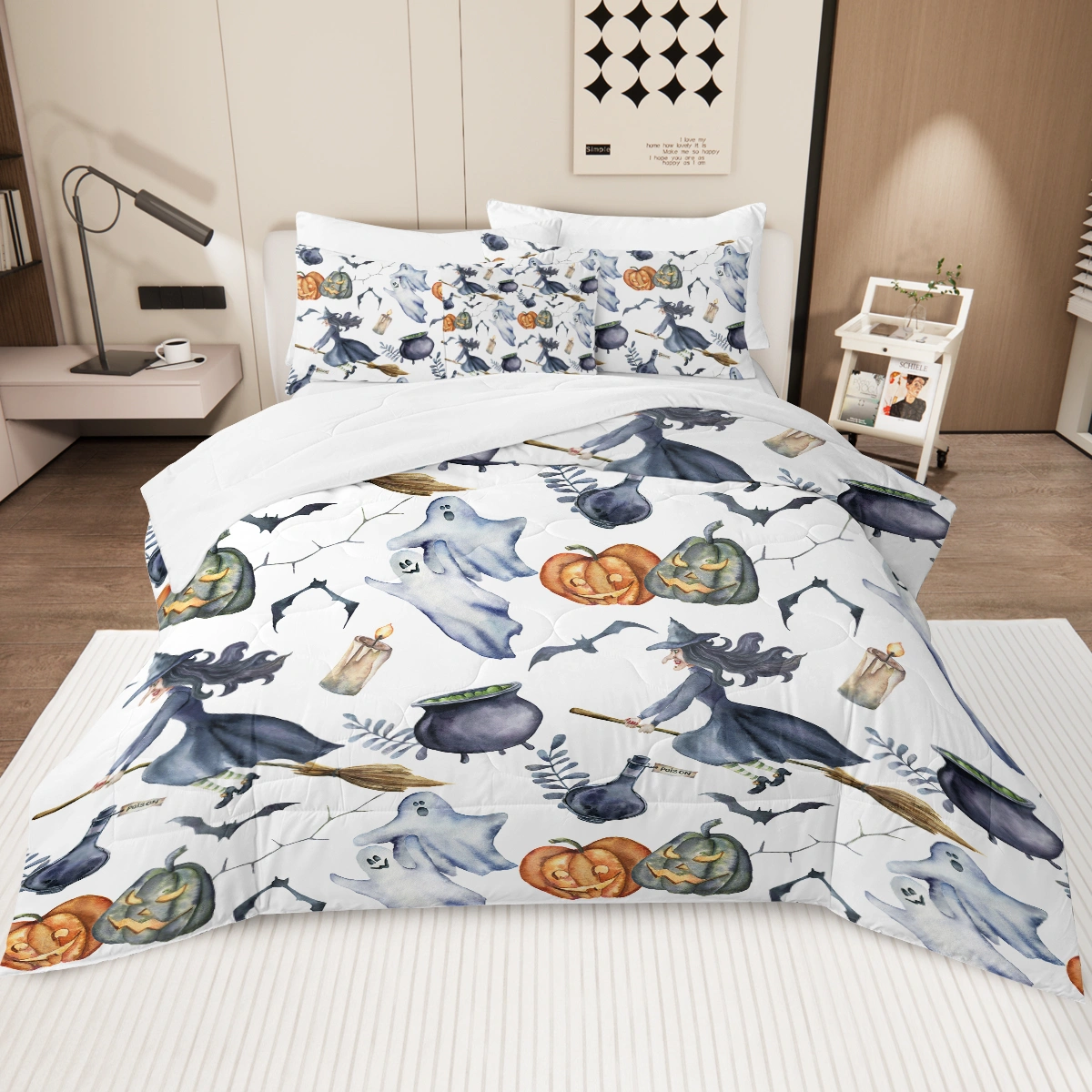 Halloween Comforter Set 8 Piece Bed in a Bag, Witch Pattern Queen Size - 1 Comforter, 2
