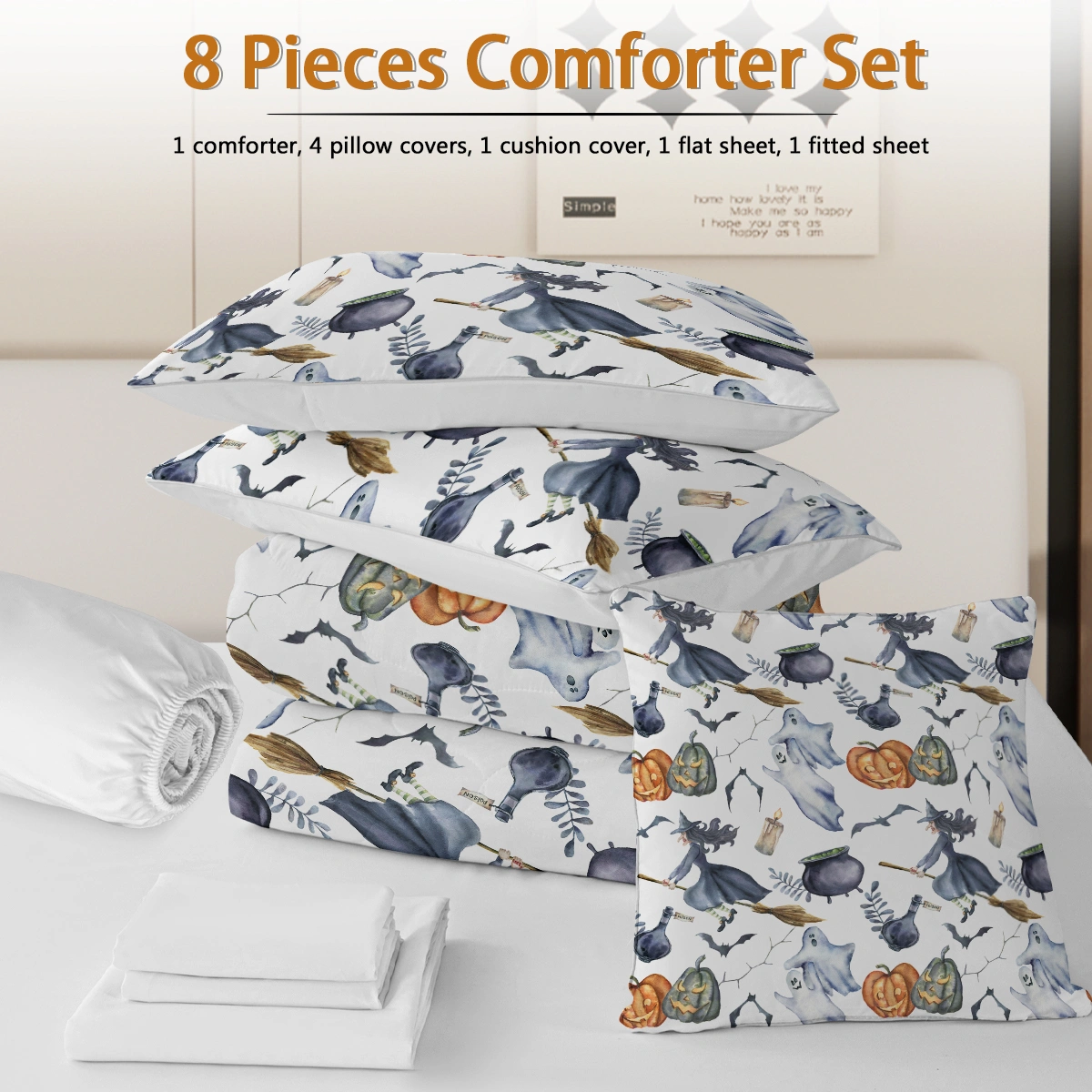 Halloween Comforter Set 8 Piece Bed in a Bag, Witch Pattern Queen Size - 1 Comforter, 2 view 5