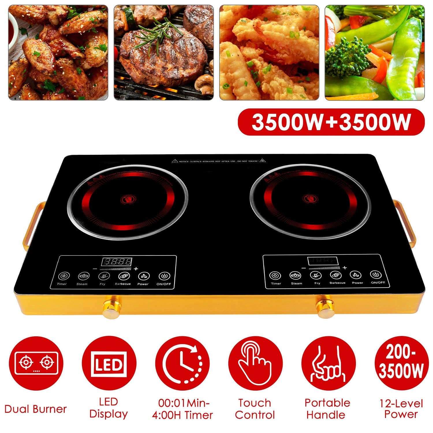7000W Double Burner Electric Cooktop 110V, 2x3500W Rapid Heating Hot Plate, 4 Preset Modes, 11-Level Power, Glass Surface, Portable Handle view 2