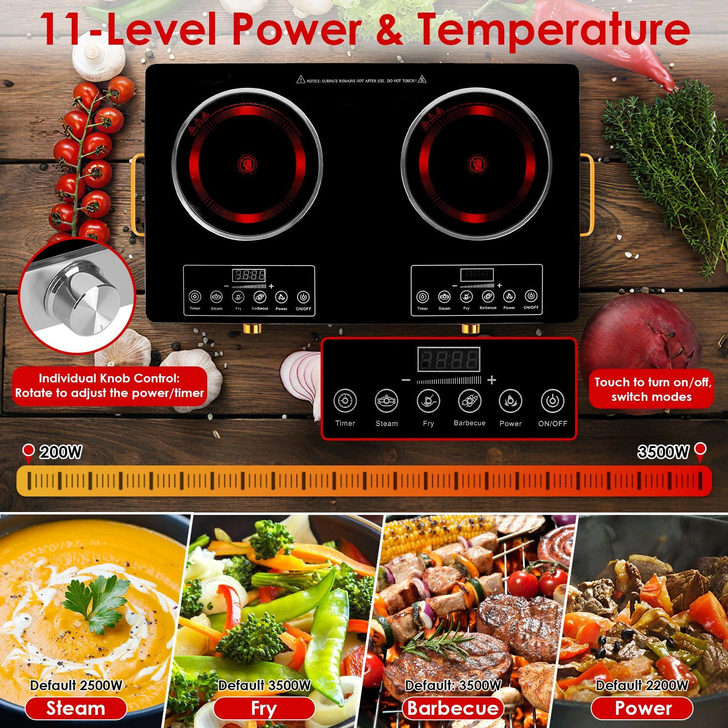 7000W Double Burner Electric Cooktop 110V, 2x3500W Rapid Heating Hot Plate, 4 Preset Modes, 11-Level Power, Glass Surface, Portable Handle view 5
