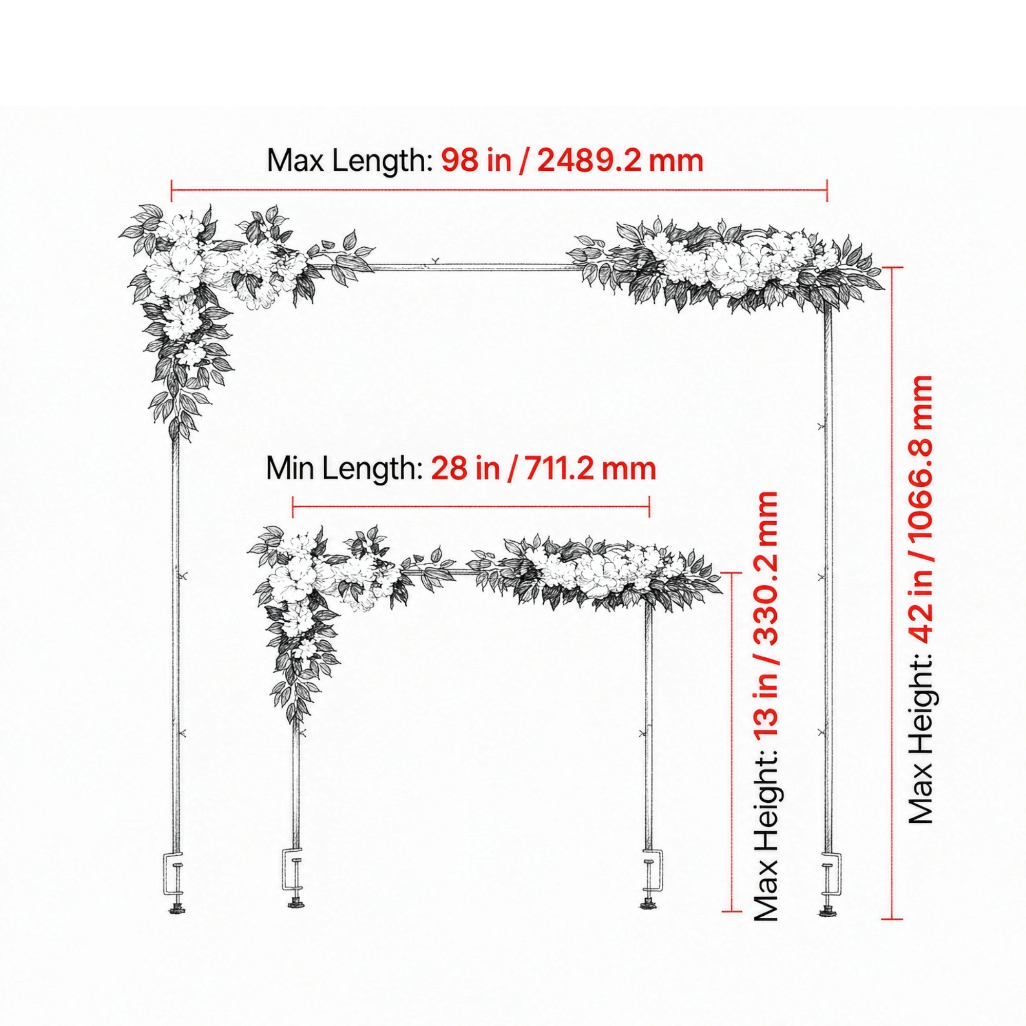 Gold Over Table Balloon Arch Stand 28"-98"L x 13"-42"H Adjustable Table Rod with Clamps & Floral Accessories for Wedding Birthday Party Christmas Decor view 3