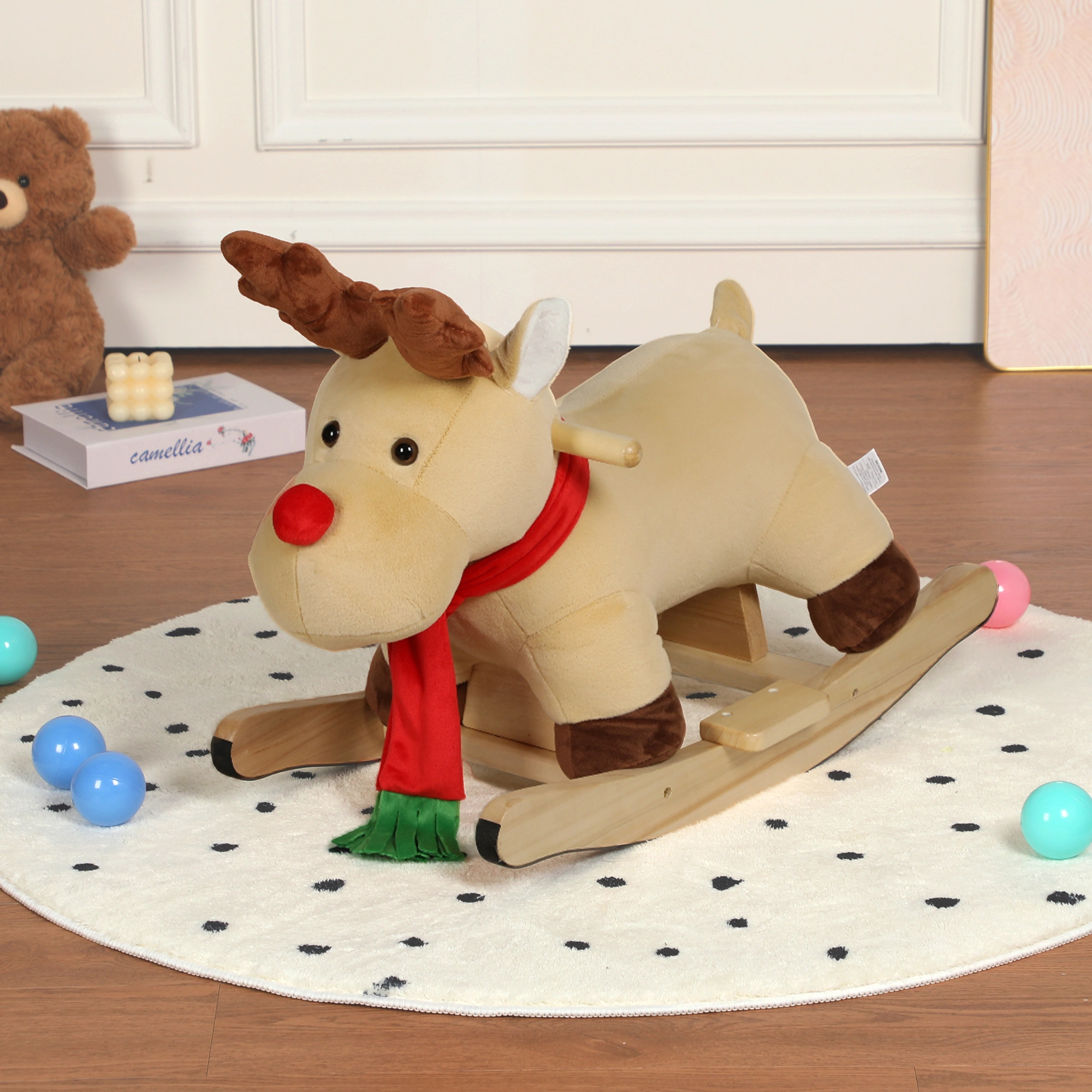 Moose Rocking Horse Toy for Kids 1-3 Years, Ride-On Plush Musical Horse with Lullaby Song, Hand Puppets & Safety Belt, Apricot view 2