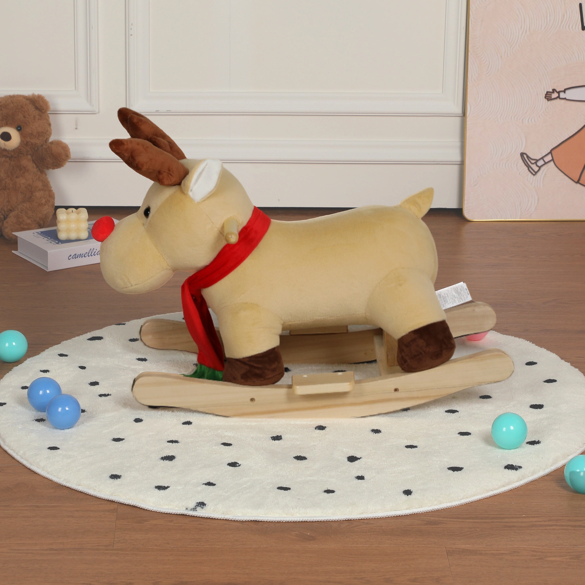 Moose Rocking Horse Toy for Kids 1-3 Years, Ride-On Plush Musical Horse with Lullaby Song, Hand Puppets & Safety Belt, Apricot view 3