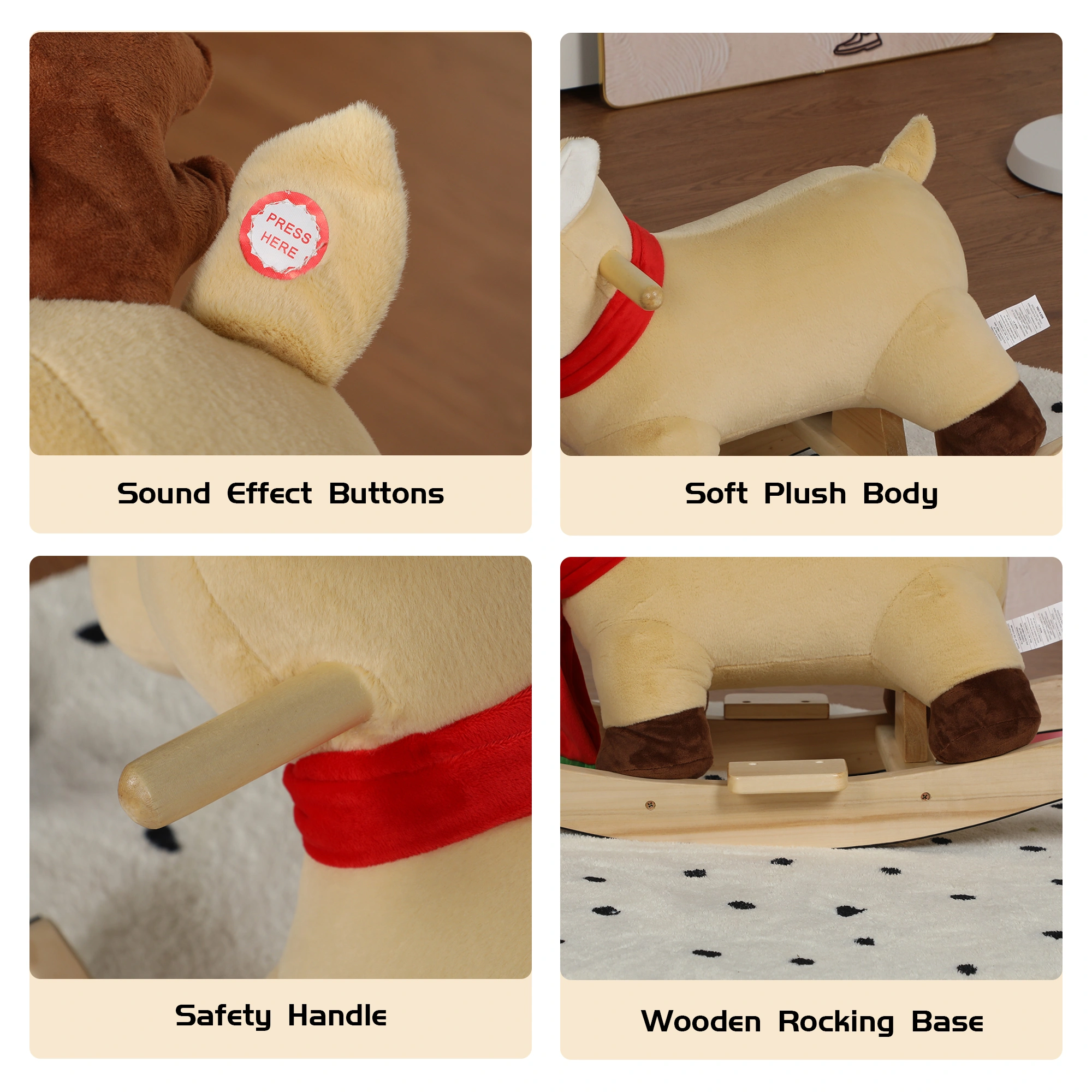 Moose Rocking Horse Toy for Kids 1-3 Years, Ride-On Plush Musical Horse with Lullaby Song, Hand Puppets & Safety Belt, Apricot view 5
