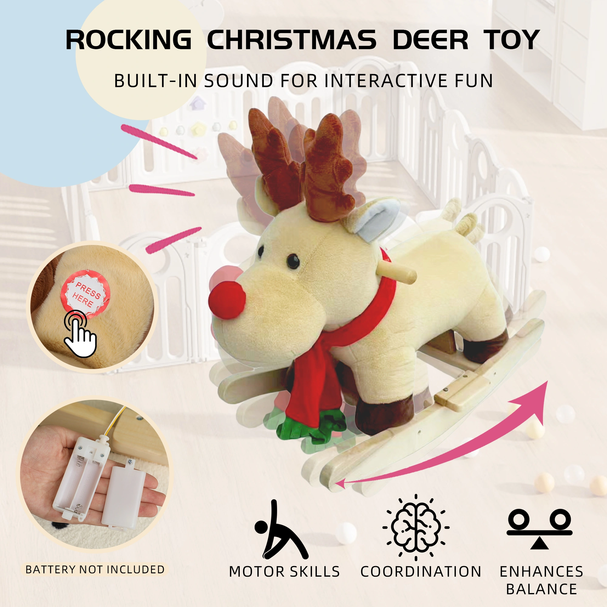 Moose Rocking Horse Toy for Kids 1-3 Years, Ride-On Plush Musical Horse with Lullaby Song, Hand Puppets & Safety Belt, Apricot view 6