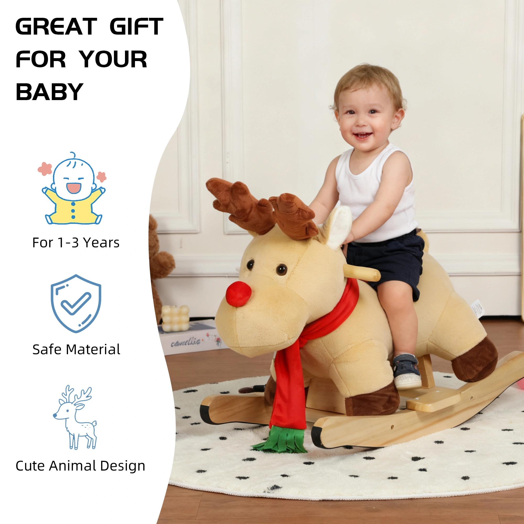 Moose Rocking Horse Toy for Kids 1-3 Years, Ride-On Plush Musical Horse with Lullaby Song, Hand Puppets & Safety Belt, Apricot view 7
