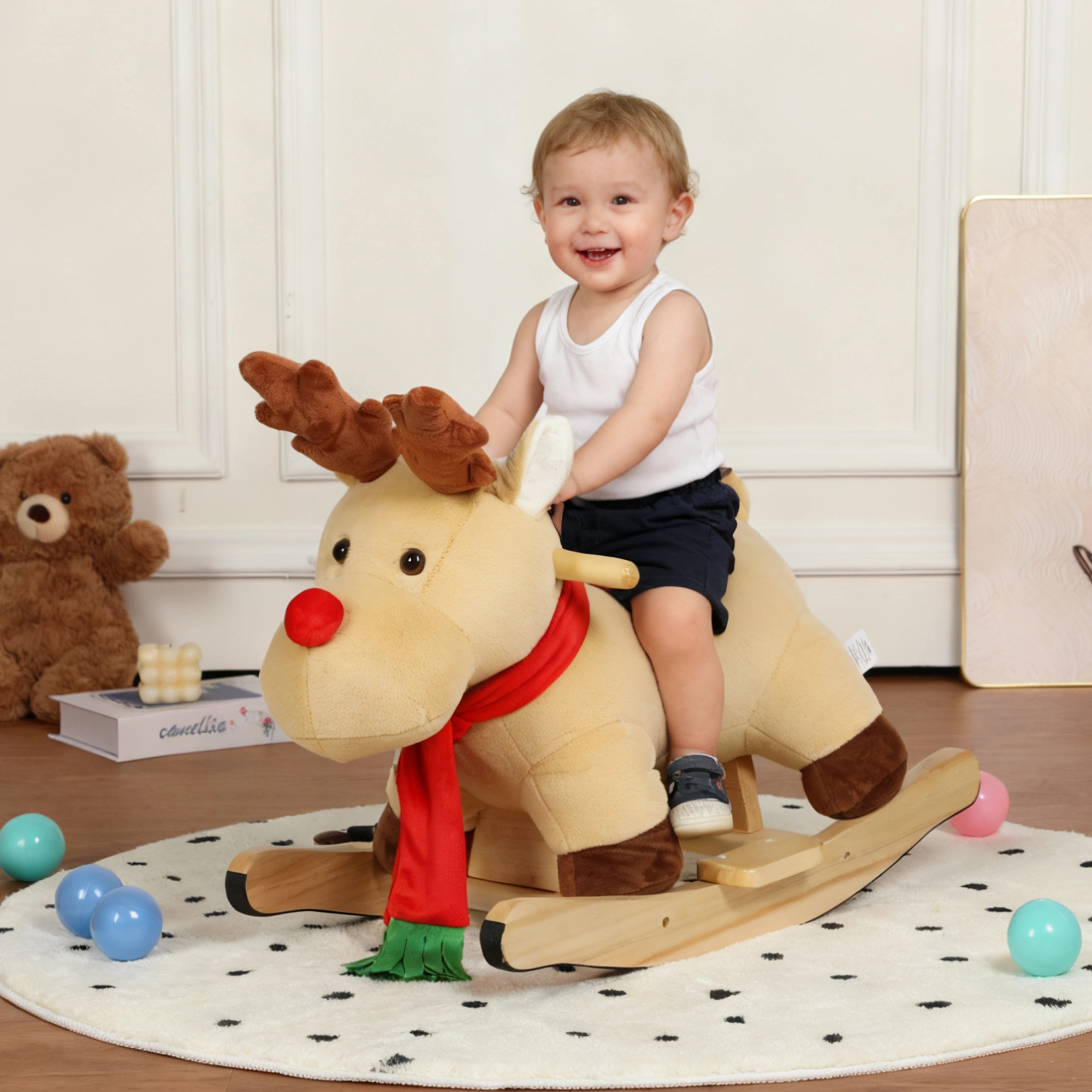 Moose Rocking Horse Toy for Kids 1-3 Years, Ride-On Plush Musical Horse with Lullaby Song, Hand Puppets & Safety Belt, Apricot view 8