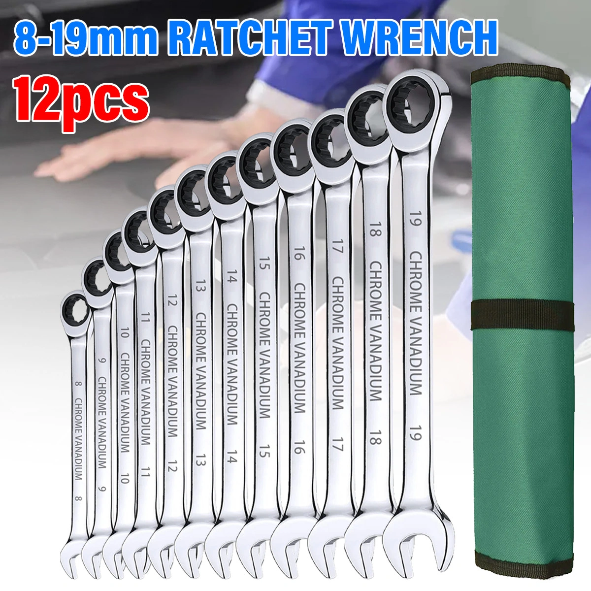 12PCS 72-Tooth Ratchet Spanner Set 8-19MM Fixed Head Combination Wrench Tool Set view 2
