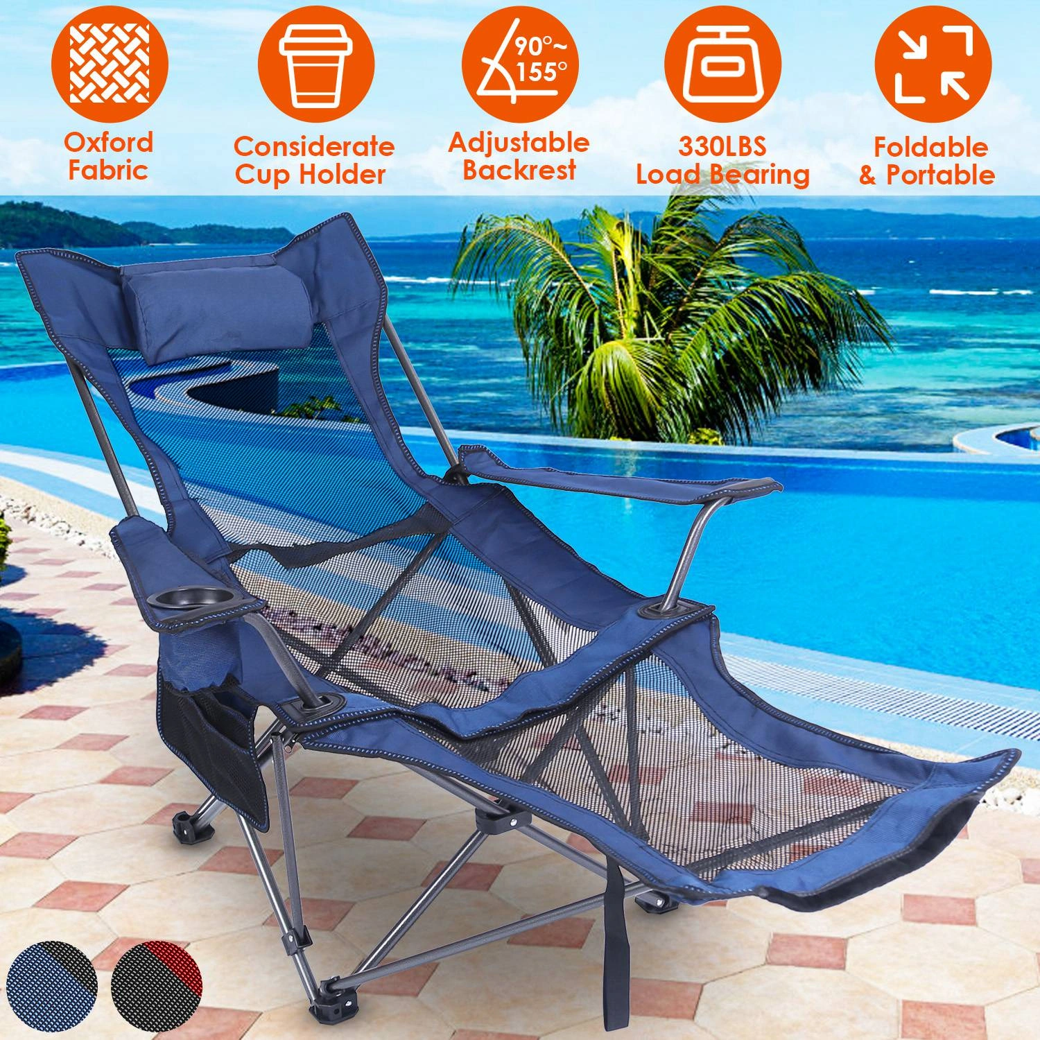 Foldable Camping Chair 330LBS Heavy Duty Steel, Reclining Lawn Chair with Cup Holder, Pillow, Side Pocket & Carry Bag