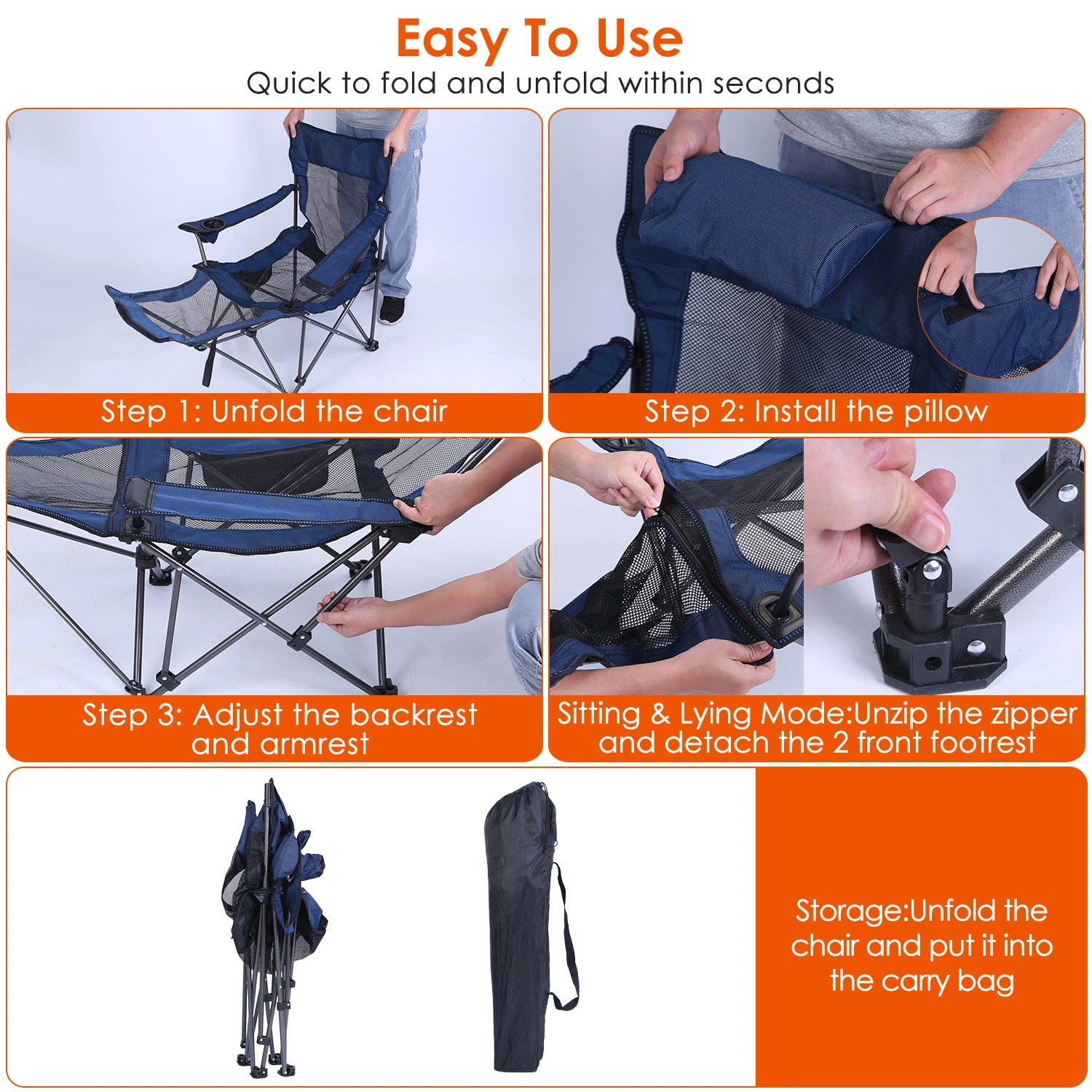 Foldable Camping Chair 330LBS Heavy Duty Steel, Reclining Lawn Chair with Cup Holder, Pillow, Side Pocket & Carry Bag view 10