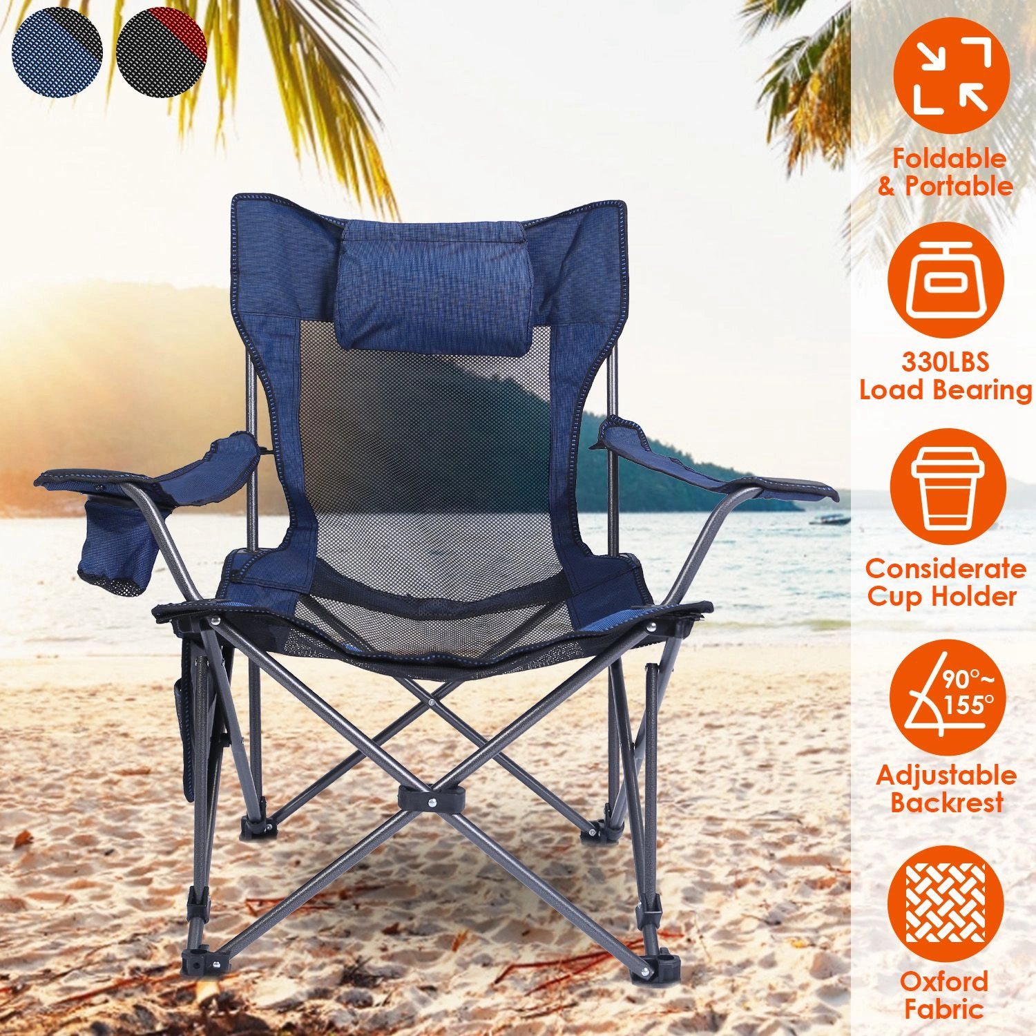 Foldable Camping Chair 330LBS Heavy Duty Steel, Reclining Lawn Chair with Cup Holder, Pillow, Side Pocket & Carry Bag view 11
