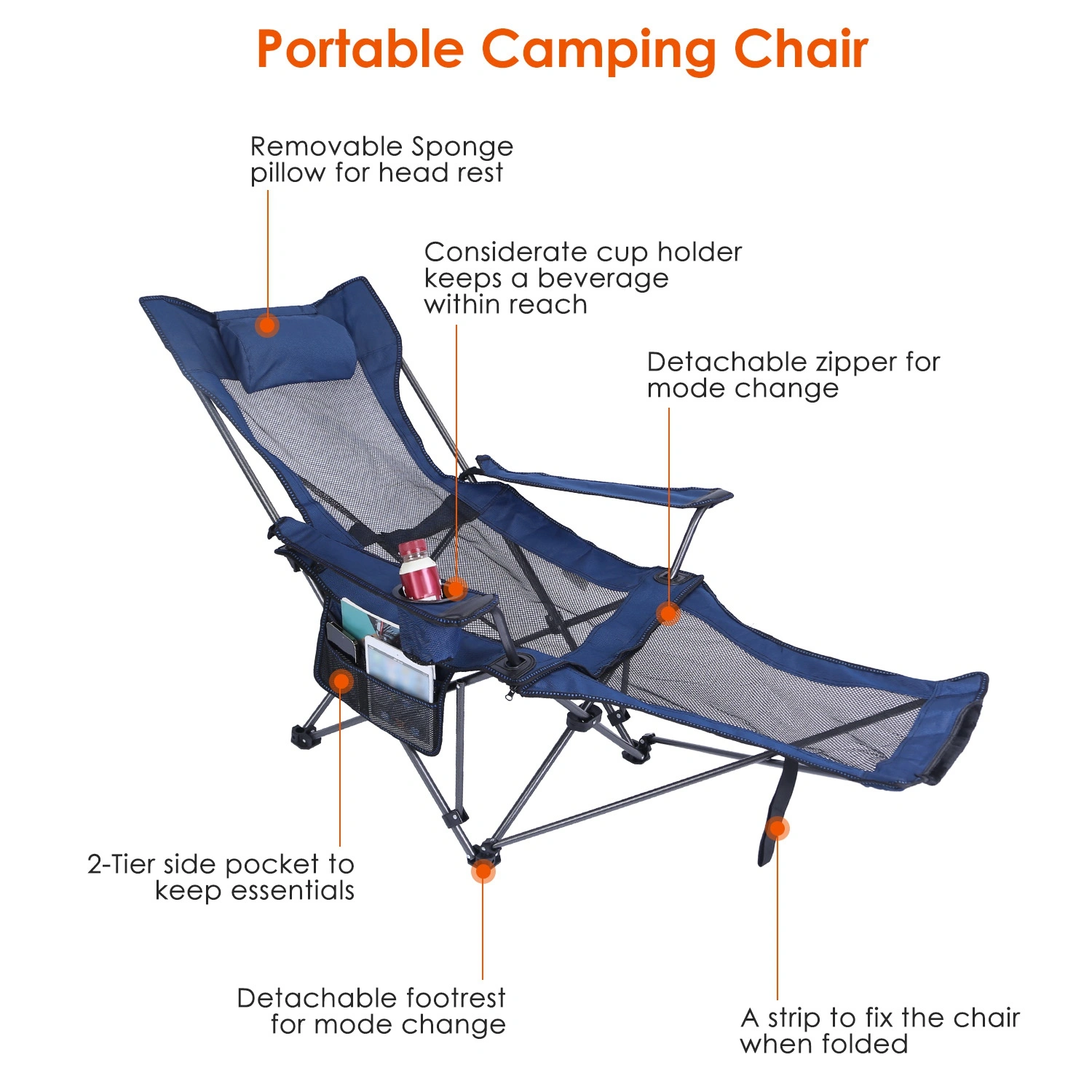 Foldable Camping Chair 330LBS Heavy Duty Steel, Reclining Lawn Chair with Cup Holder, Pillow, Side Pocket & Carry Bag view 12