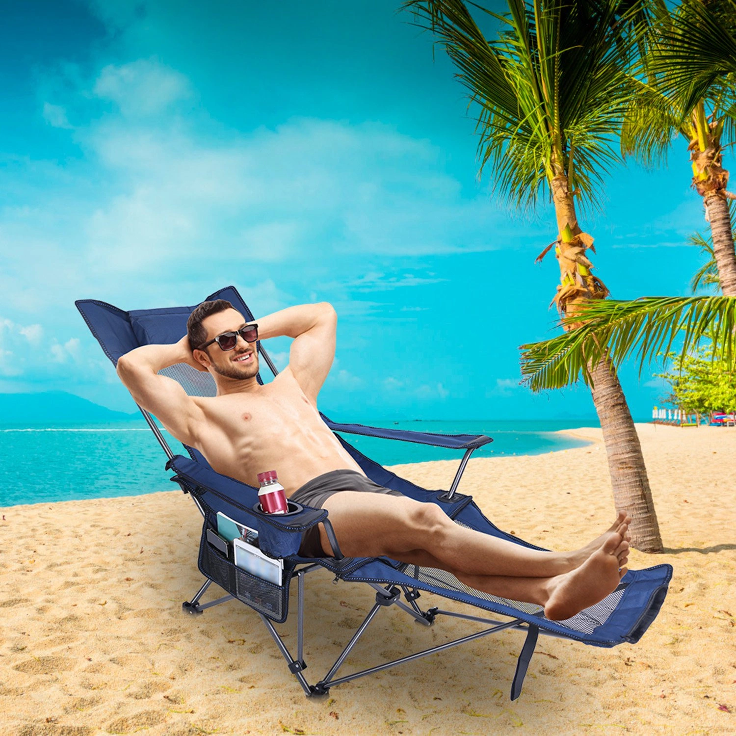 Foldable Camping Chair 330LBS Heavy Duty Steel, Reclining Lawn Chair with Cup Holder, Pillow, Side Pocket & Carry Bag view 2