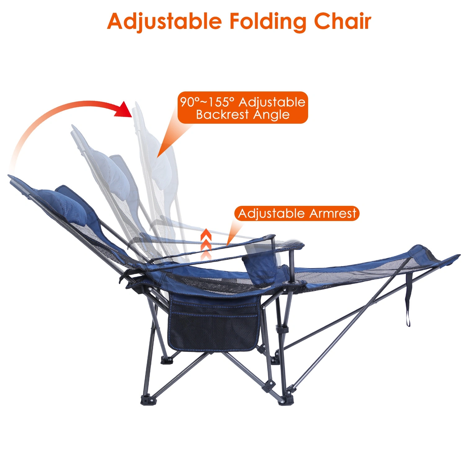 Foldable Camping Chair 330LBS Heavy Duty Steel, Reclining Lawn Chair with Cup Holder, Pillow, Side Pocket & Carry Bag view 3