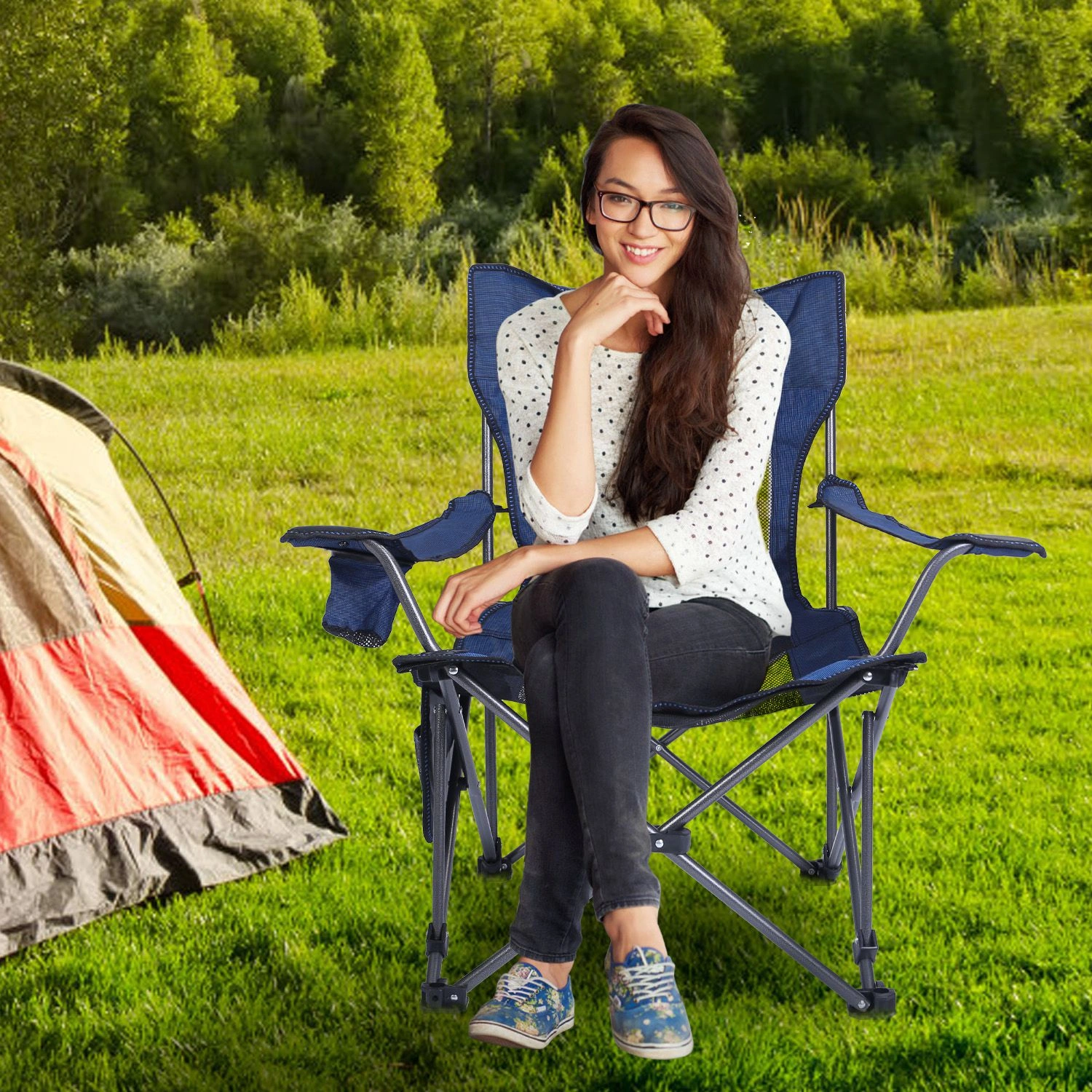 Foldable Camping Chair 330LBS Heavy Duty Steel, Reclining Lawn Chair with Cup Holder, Pillow, Side Pocket & Carry Bag view 4