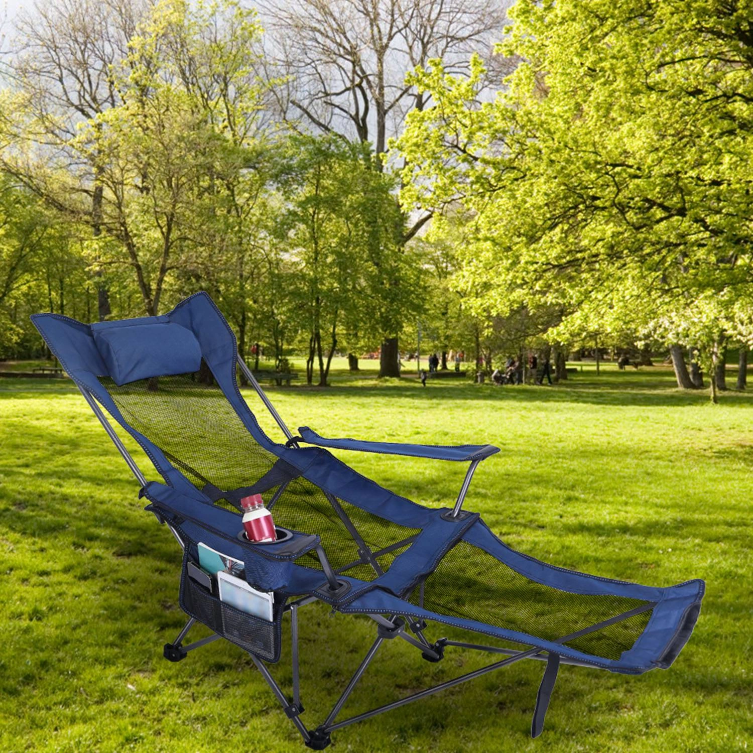 Foldable Camping Chair 330LBS Heavy Duty Steel, Reclining Lawn Chair with Cup Holder, Pillow, Side Pocket & Carry Bag view 5
