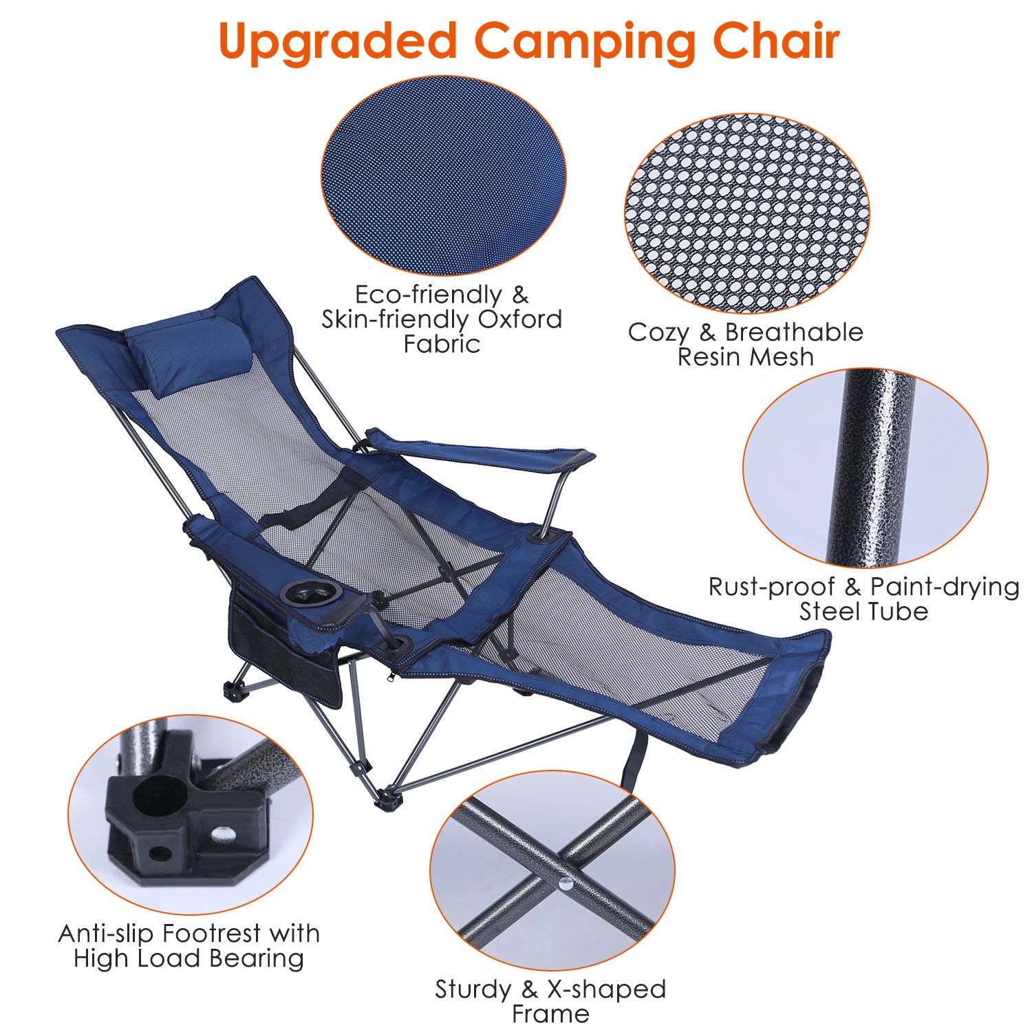 Foldable Camping Chair 330LBS Heavy Duty Steel, Reclining Lawn Chair with Cup Holder, Pillow, Side Pocket & Carry Bag view 7