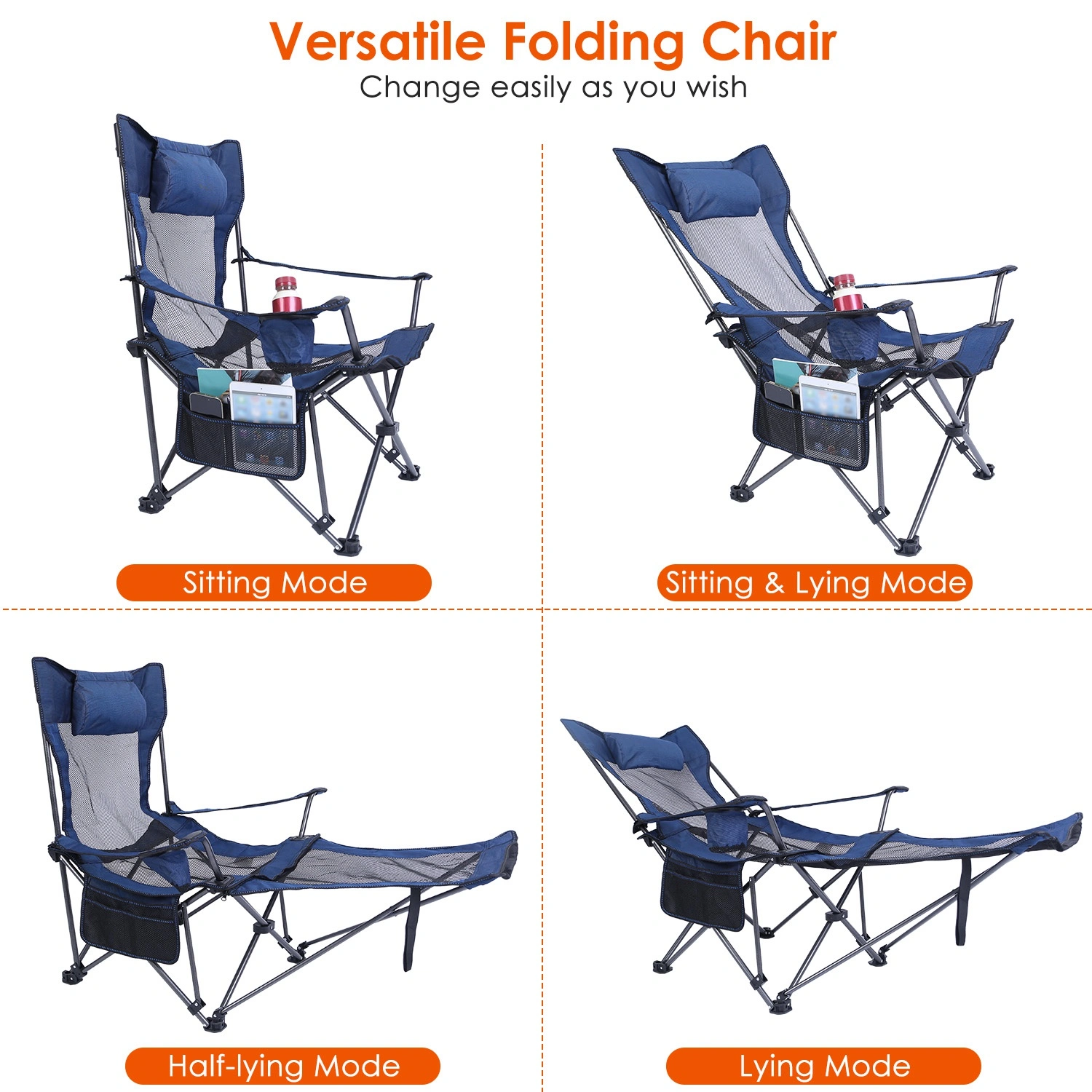 Foldable Camping Chair 330LBS Heavy Duty Steel, Reclining Lawn Chair with Cup Holder, Pillow, Side Pocket & Carry Bag view 8