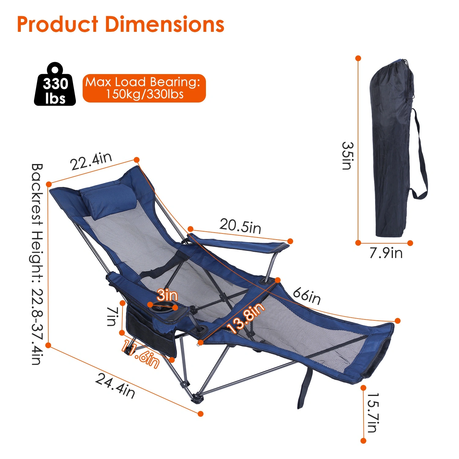 Foldable Camping Chair 330LBS Heavy Duty Steel, Reclining Lawn Chair with Cup Holder, Pillow, Side Pocket & Carry Bag view 9