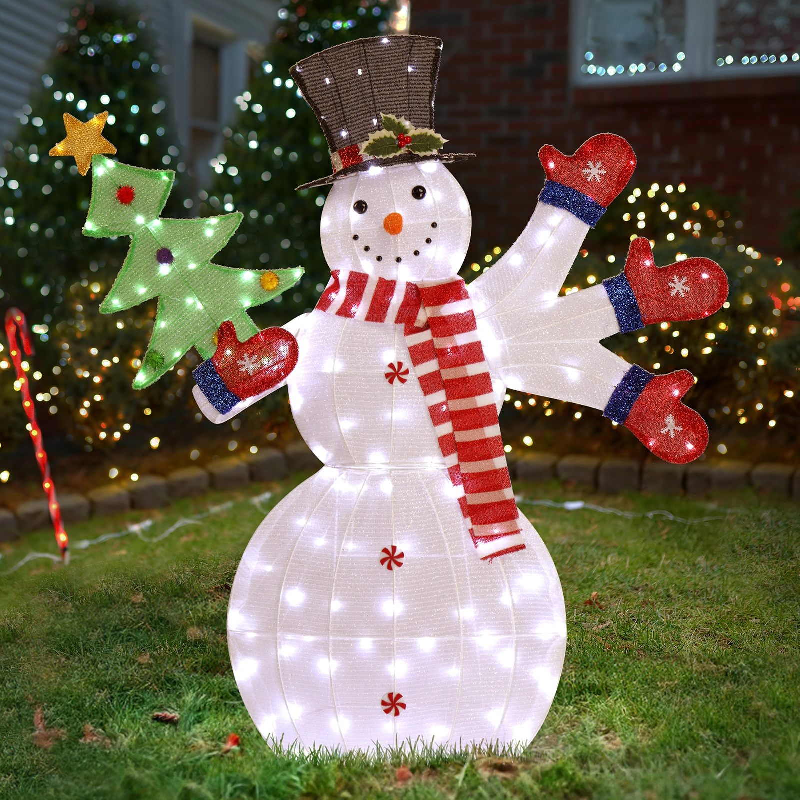 Lighted Snowman Christmas Yard Decor, 2D Waving Hands with 170 LED Warm White Lights, Stakes, Outdoor Indoor Holiday view 2
