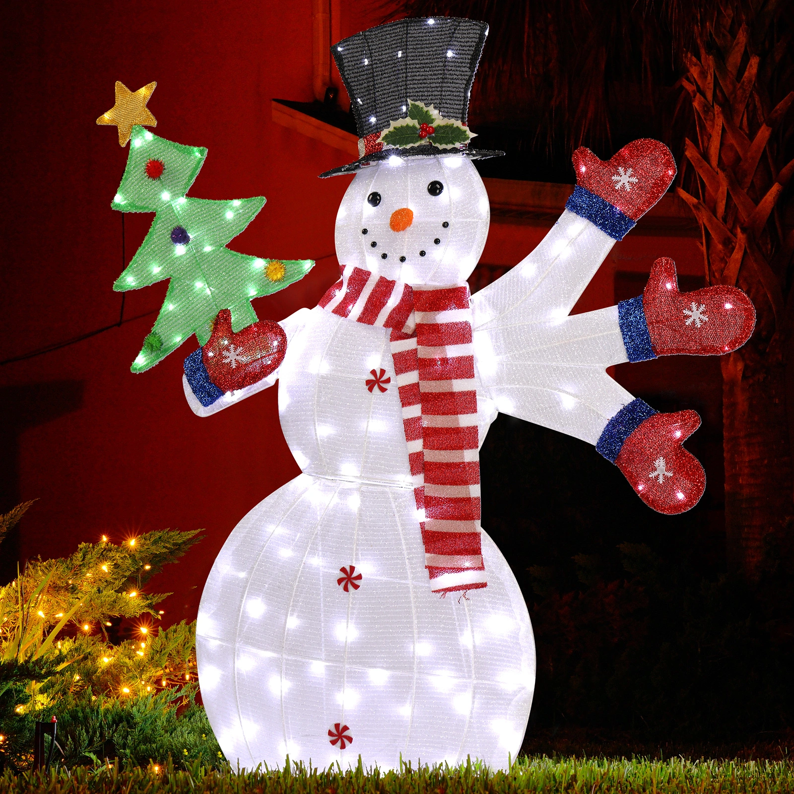 Lighted Snowman Christmas Yard Decor, 2D Waving Hands with 170 LED Warm White Lights, Stakes, Outdoor Indoor Holiday view 3