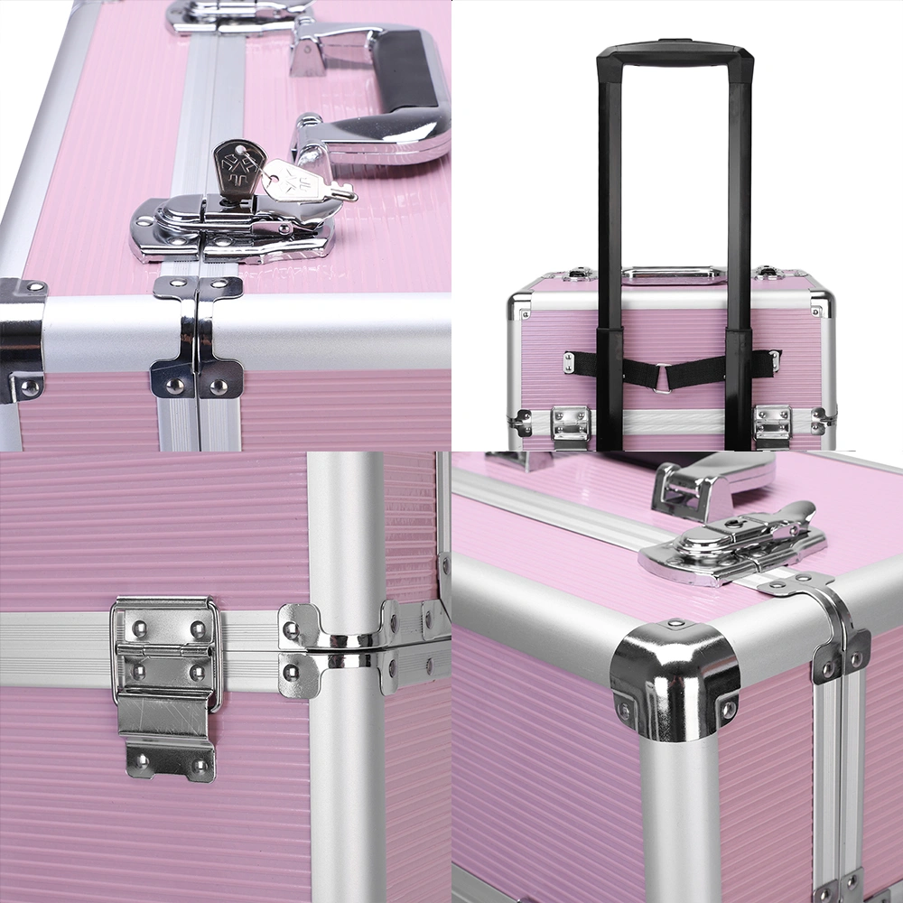 3pcs Aluminum Alloy Makeup Trolley Case with Universal Wheels, Portable Cosmetic Organizer Cart 14.2 x 9.4 x 41 inch, Pink view 16