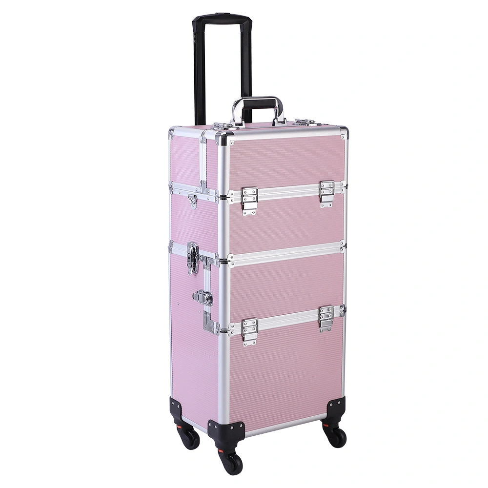 3pcs Aluminum Alloy Makeup Trolley Case with Universal Wheels, Portable Cosmetic Organizer Cart 14.2 x 9.4 x 41 inch, Pink view 2