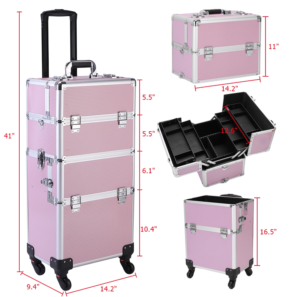 3pcs Aluminum Alloy Makeup Trolley Case with Universal Wheels, Portable Cosmetic Organizer Cart 14.2 x 9.4 x 41 inch, Pink view 3