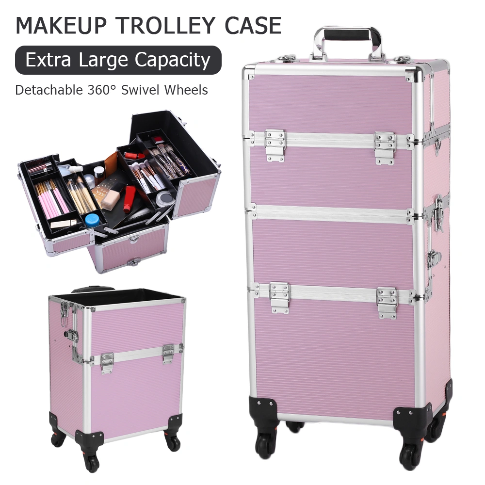 3pcs Aluminum Alloy Makeup Trolley Case with Universal Wheels, Portable Cosmetic Organizer Cart 14.2 x 9.4 x 41 inch, Pink view 4