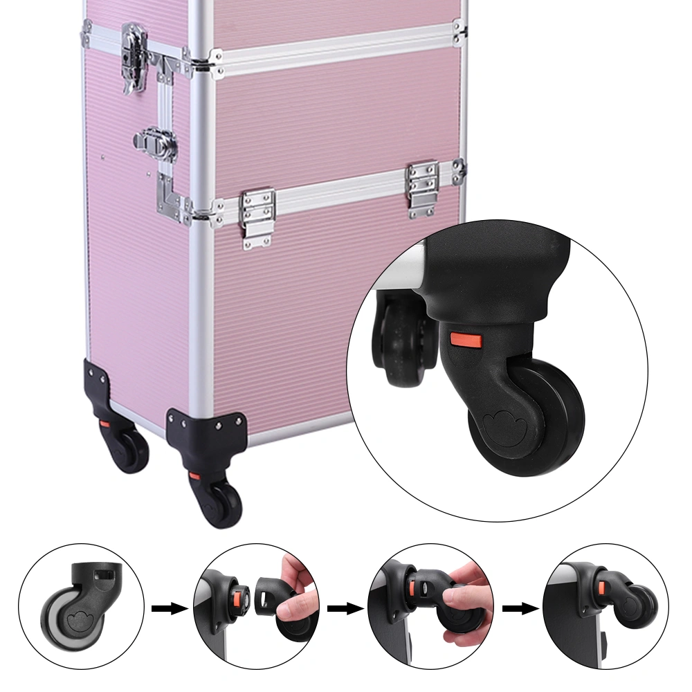 3pcs Aluminum Alloy Makeup Trolley Case with Universal Wheels, Portable Cosmetic Organizer Cart 14.2 x 9.4 x 41 inch, Pink view 6