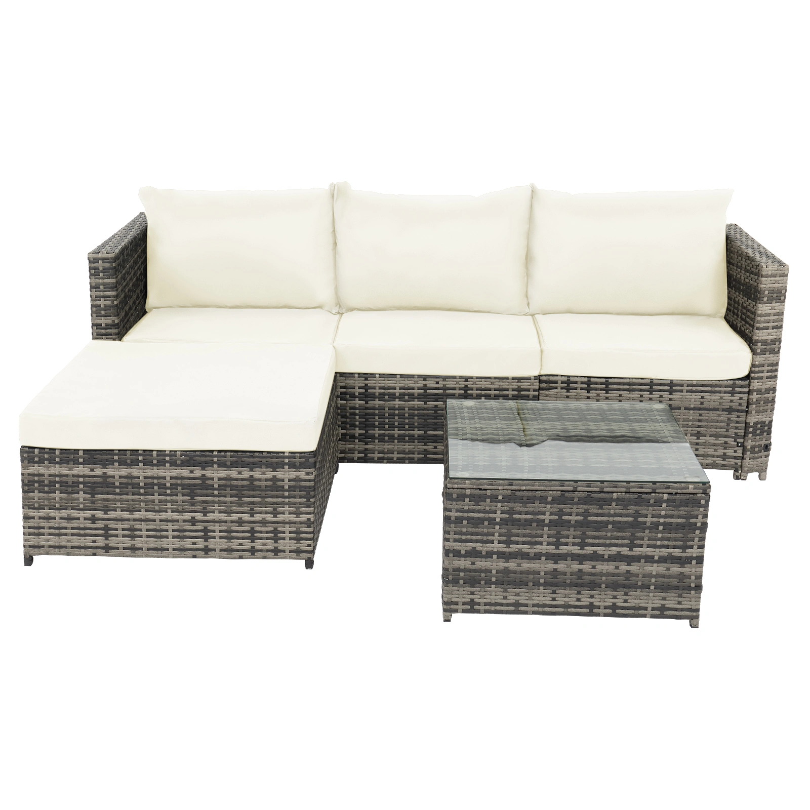 4-Seater Chaise Corner Sofa, Gray Gradient Rattan with Beige Cushion, Outdoor Sectional