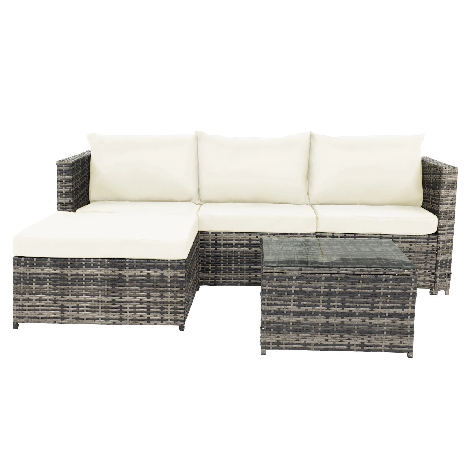 4-Seater Chaise Corner Sofa, Gray Gradient Rattan with Beige Cushion, Outdoor Sectional view 3