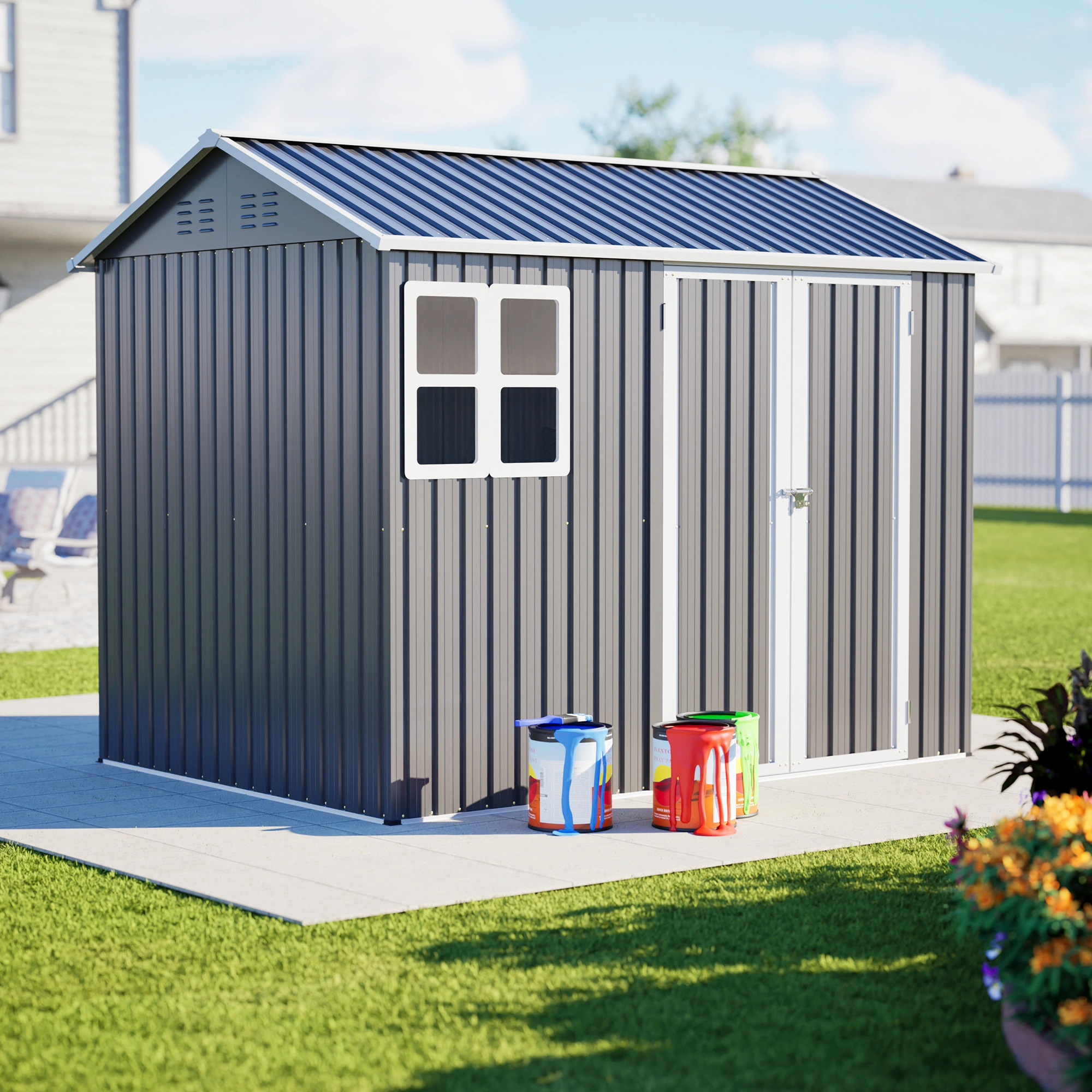 8x6 FT Metal Storage Shed, Outdoor Heavy Duty Garden Tool Shed with Window & Lock, Waterproof UV Protected, 4 Air Vents, Sturdy Base, Backyard Patio Lawn Equipment, Pet Room, Garbage Room