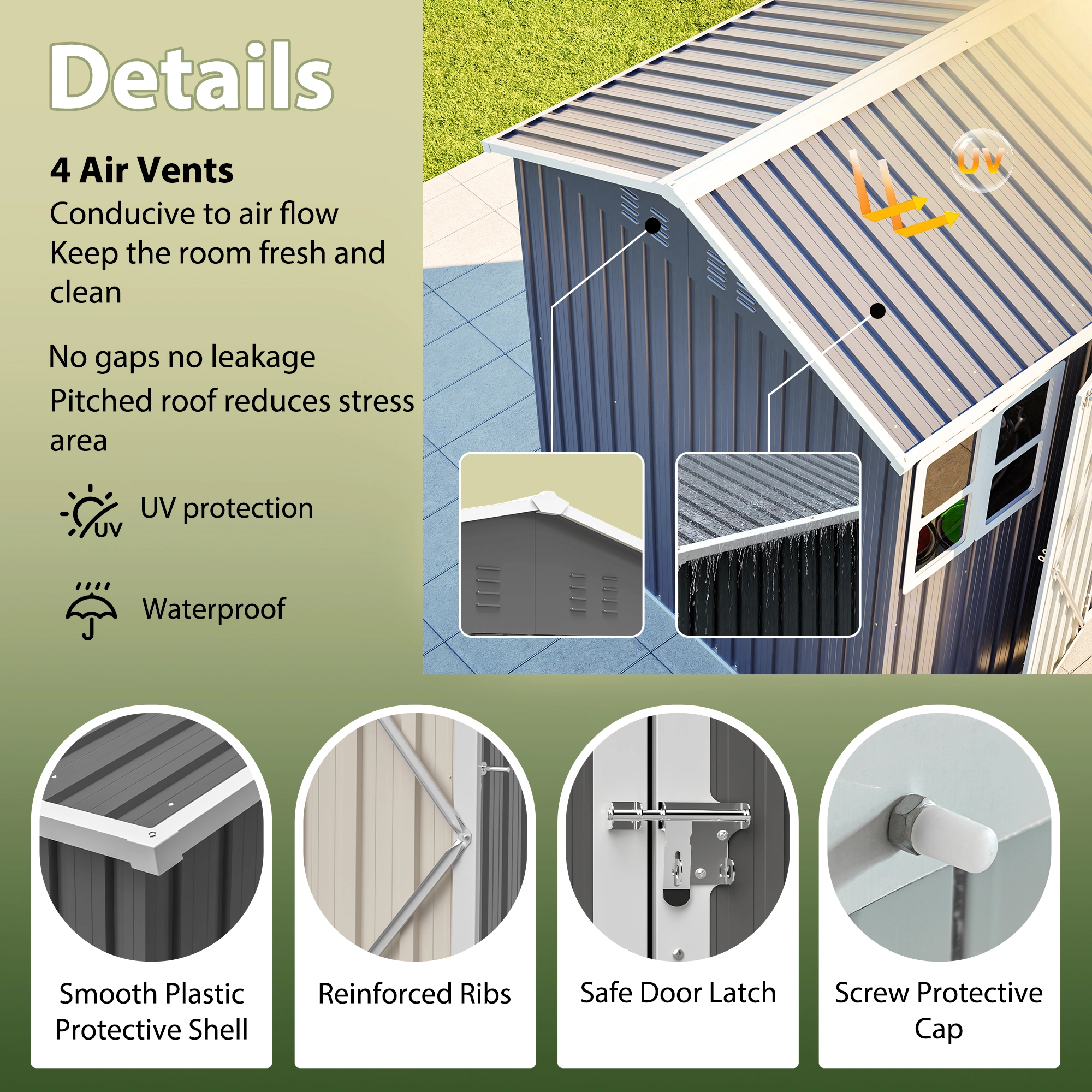 8x6 FT Metal Storage Shed, Outdoor Heavy Duty Garden Tool Shed with Window & Lock, Waterproof UV Protected, 4 Air Vents, Sturdy Base, Backyard Patio Lawn Equipment, Pet Room, Garbage Room view 3