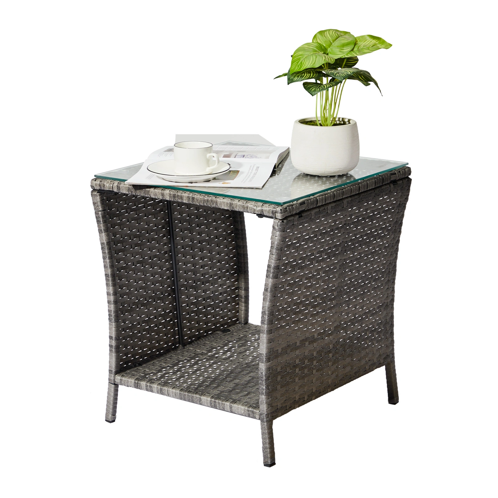 Grey Wicker Outdoor Side Table, Square Patio End Table with Tempered Glass Top & Storage Shelf, Bistro Coffee Table for Garden Porch view 12