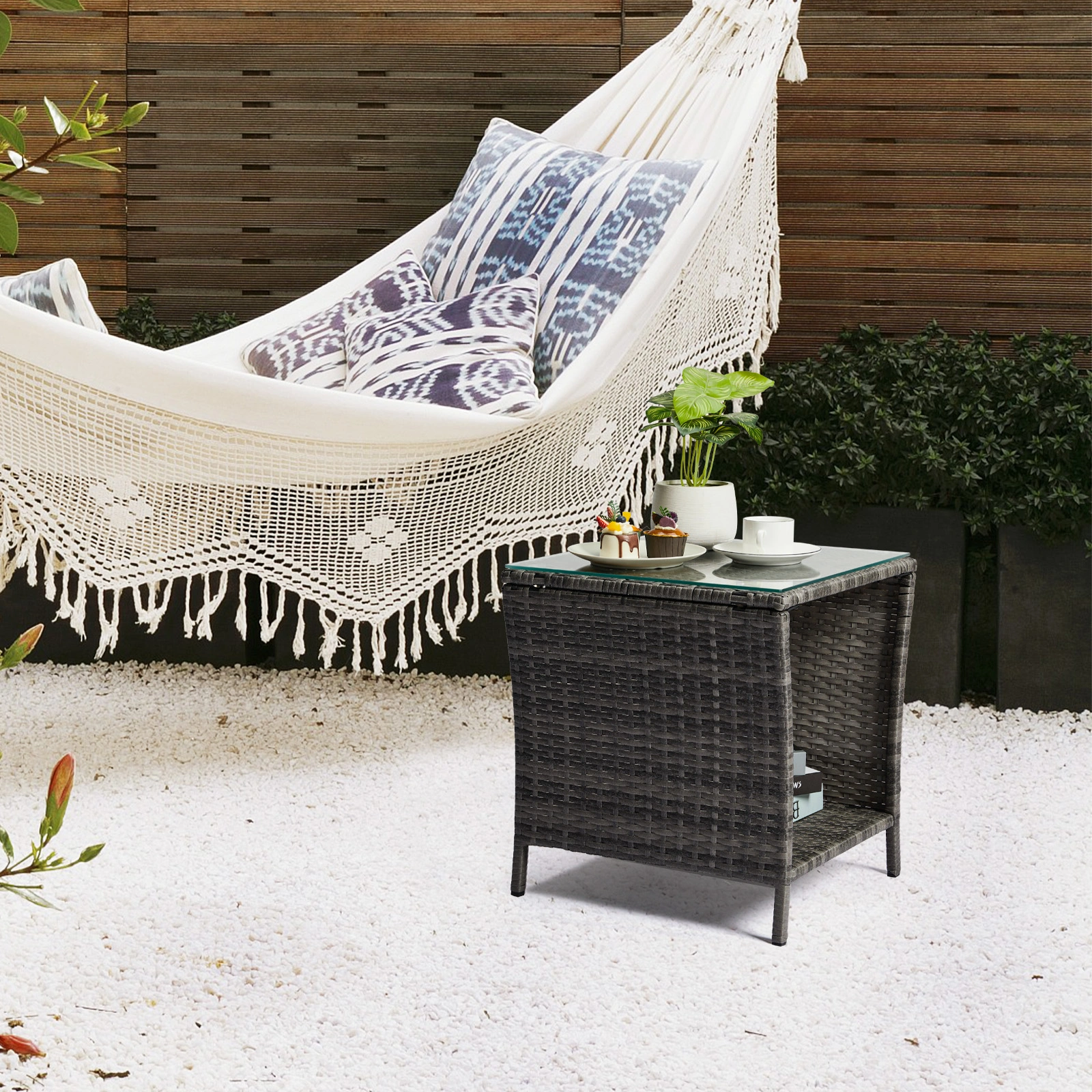 Grey Wicker Outdoor Side Table, Square Patio End Table with Tempered Glass Top & Storage Shelf, Bistro Coffee Table for Garden Porch view 21