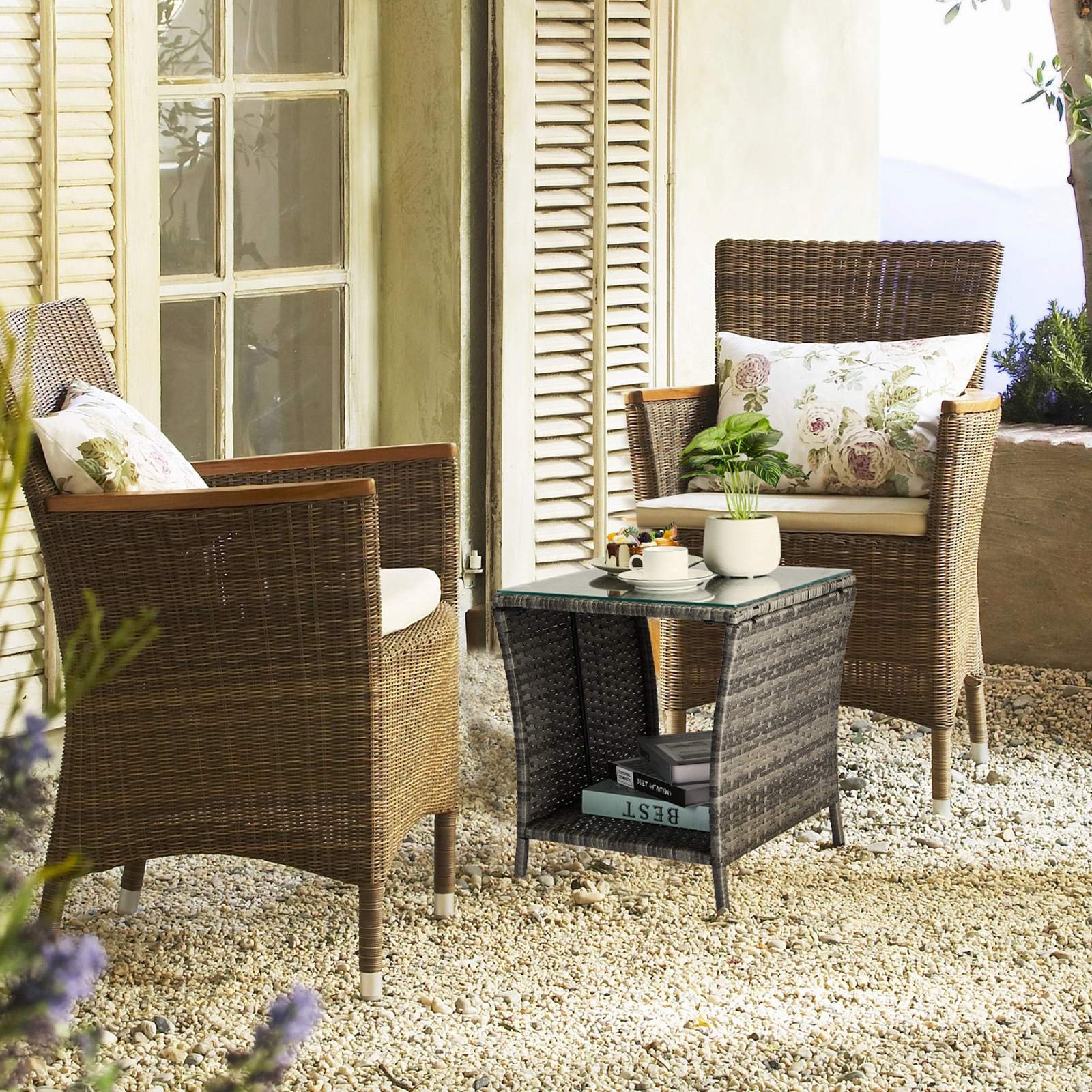 Grey Wicker Outdoor Side Table, Square Patio End Table with Tempered Glass Top & Storage Shelf, Bistro Coffee Table for Garden Porch view 24