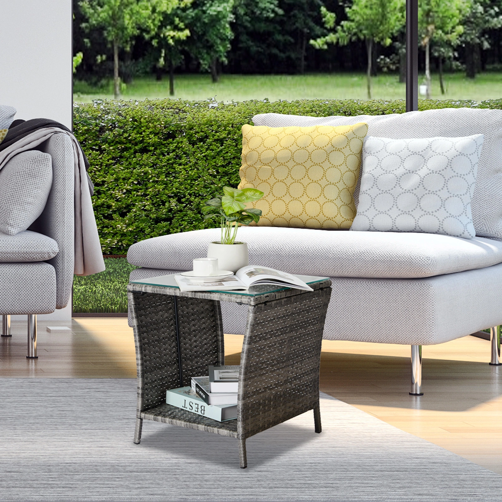 Grey Wicker Outdoor Side Table, Square Patio End Table with Tempered Glass Top & Storage Shelf, Bistro Coffee Table for Garden Porch view 4