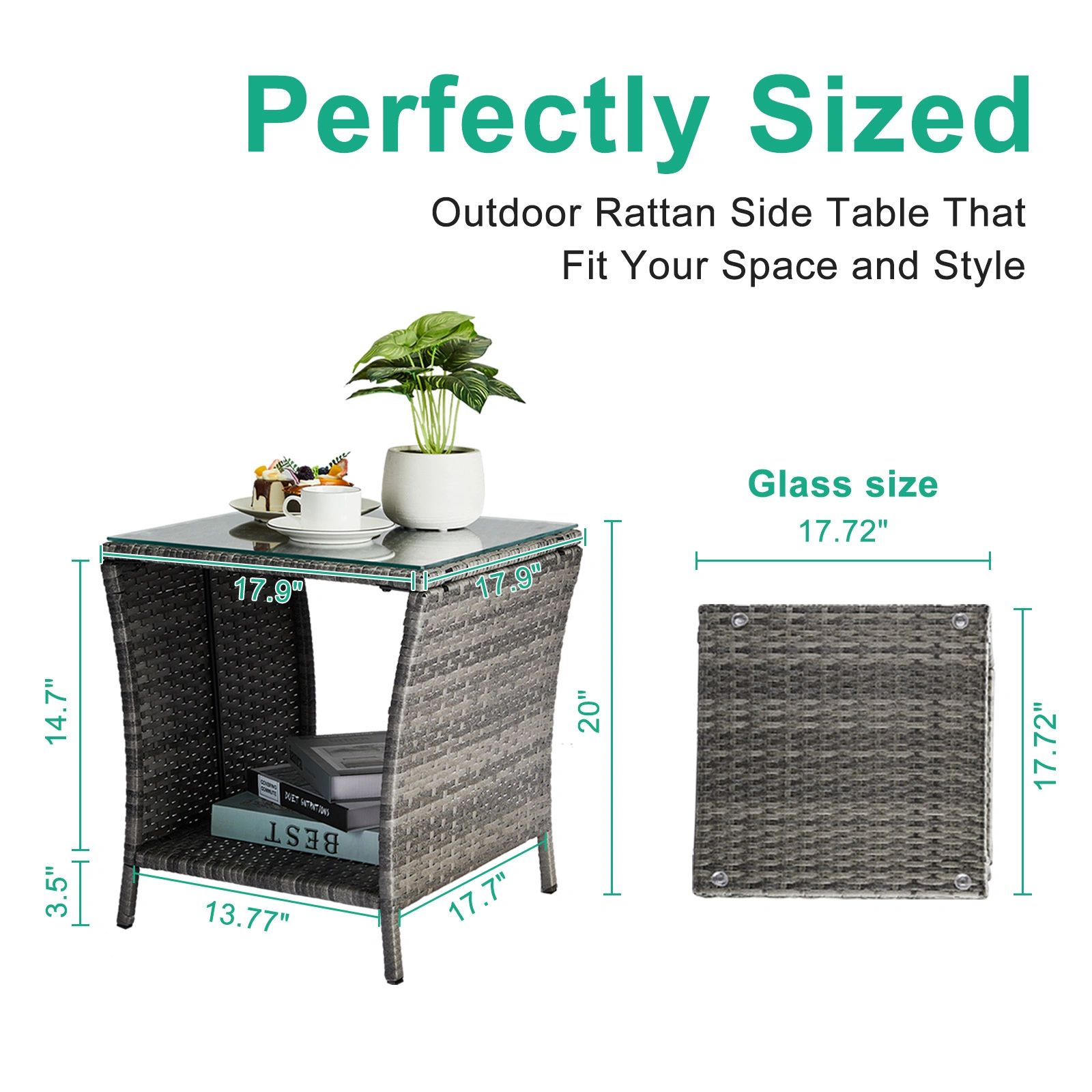 Grey Wicker Outdoor Side Table, Square Patio End Table with Tempered Glass Top & Storage Shelf, Bistro Coffee Table for Garden Porch view 5