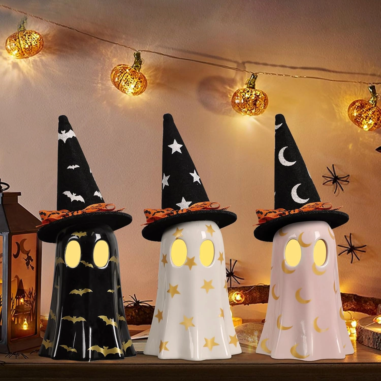 Halloween Decor Indoor, Set of 3 Ceramic Ghosts with Witch Hats, Cute Spooky Ghost Figurines for Mantel, Shelf & Tabletop Decor, Halloween Decorations