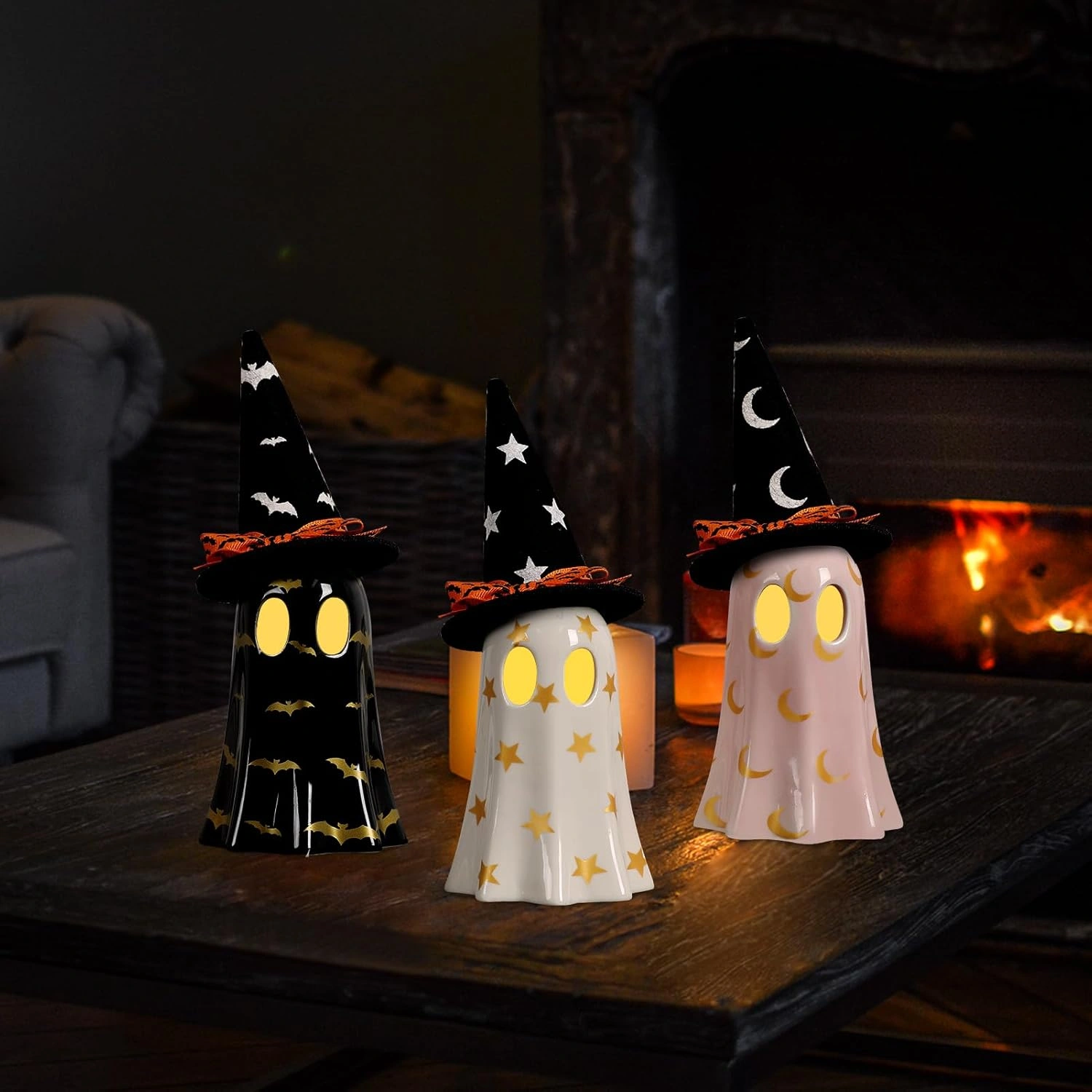 Halloween Decor Indoor, Set of 3 Ceramic Ghosts with Witch Hats, Cute Spooky Ghost Figurines for Mantel, Shelf & Tabletop Decor, Halloween Decorations view 6