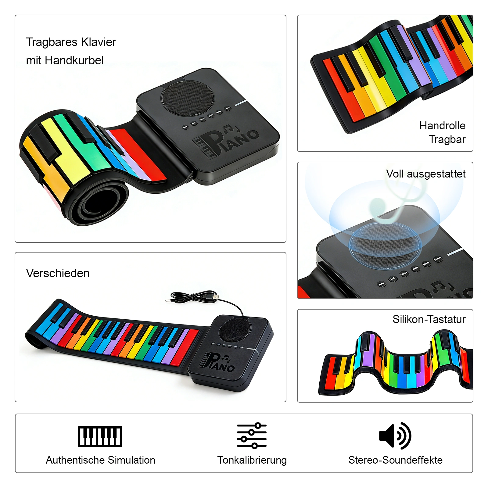 Regenbogen Roll-Up Keyboard, Tragbares Silikon Keyboard, Elektronisches Klavier für Kinder & Anfänger view 4