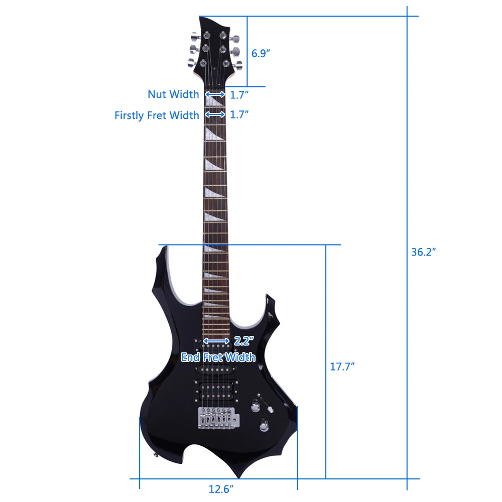 Flame Shaped Electric Guitar Accessory Kit for Beginners, HSH Pickup, Strap, Paddle Rocker Switch, Cable, Wrench Tool, Black view 12