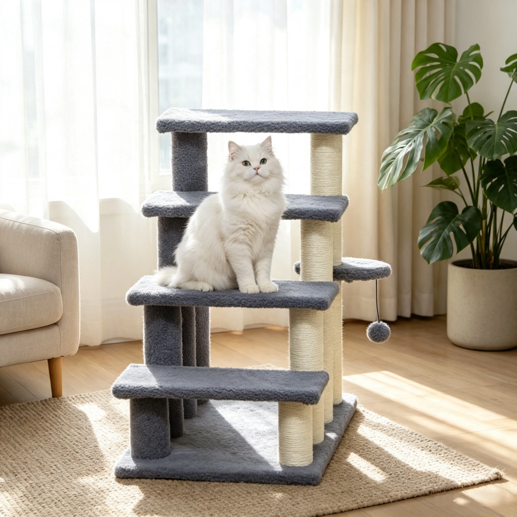 Gray 4-Tier Cat Climbing Steps with Scratching Posts, Pet Stairs for High Bed Sofa, Indoor Bedroom Living Room