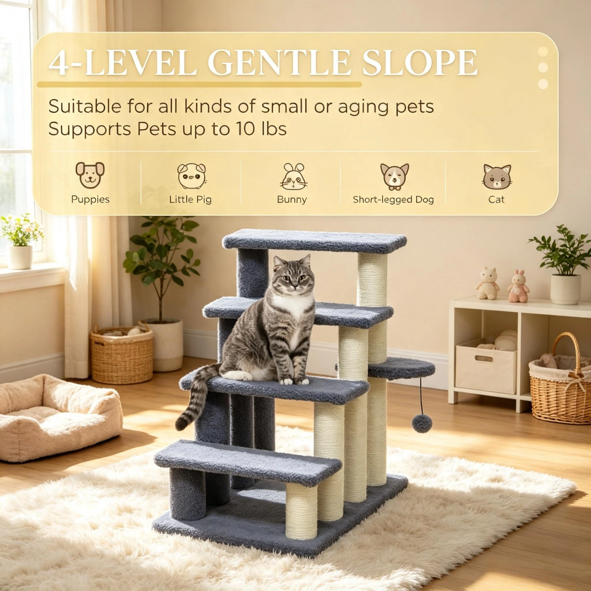 Gray 4-Tier Cat Climbing Steps with Scratching Posts, Pet Stairs for High Bed Sofa, Indoor Bedroom Living Room view 4